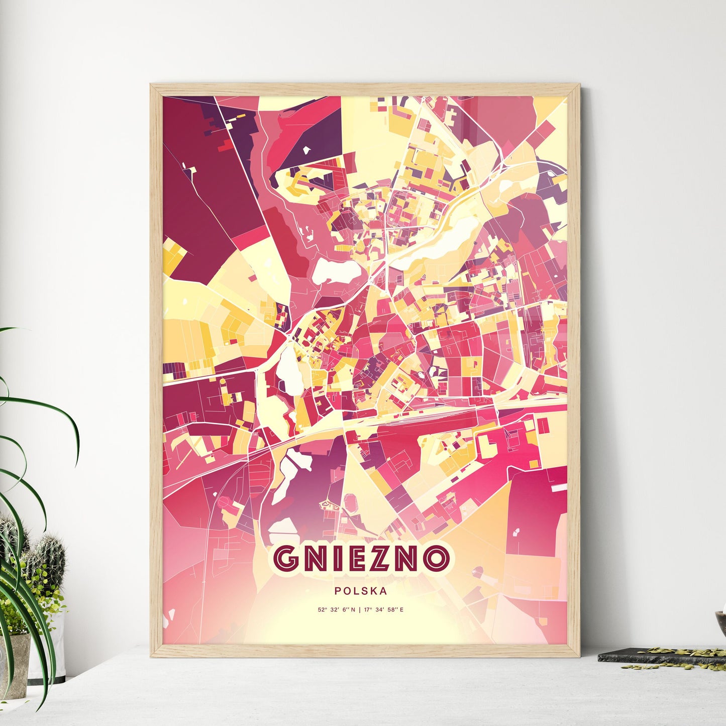 Colorful GNIEZNO POLAND Fine Art Map Hot Red