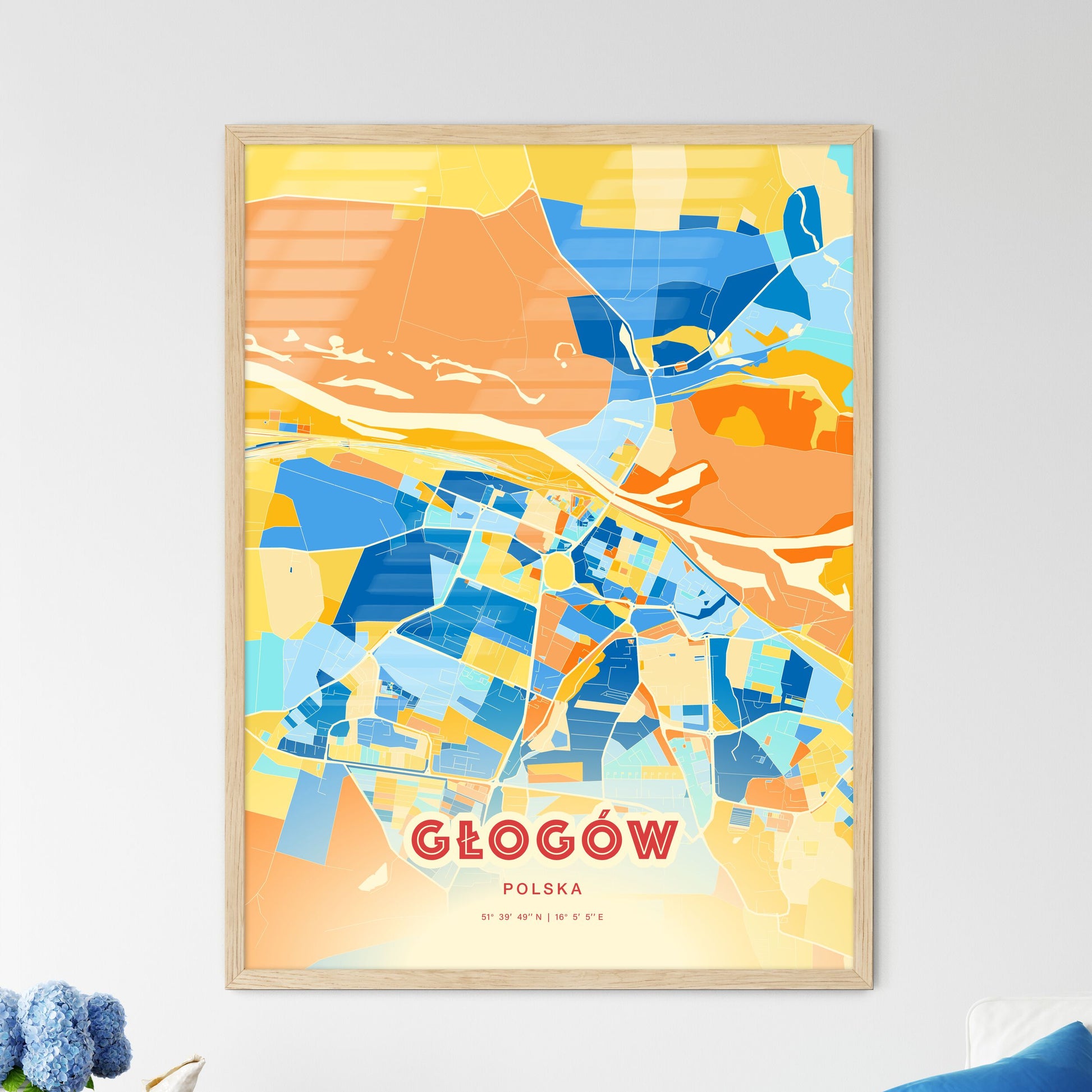 Colorful GŁOGÓW POLAND Fine Art Map Blue Orange