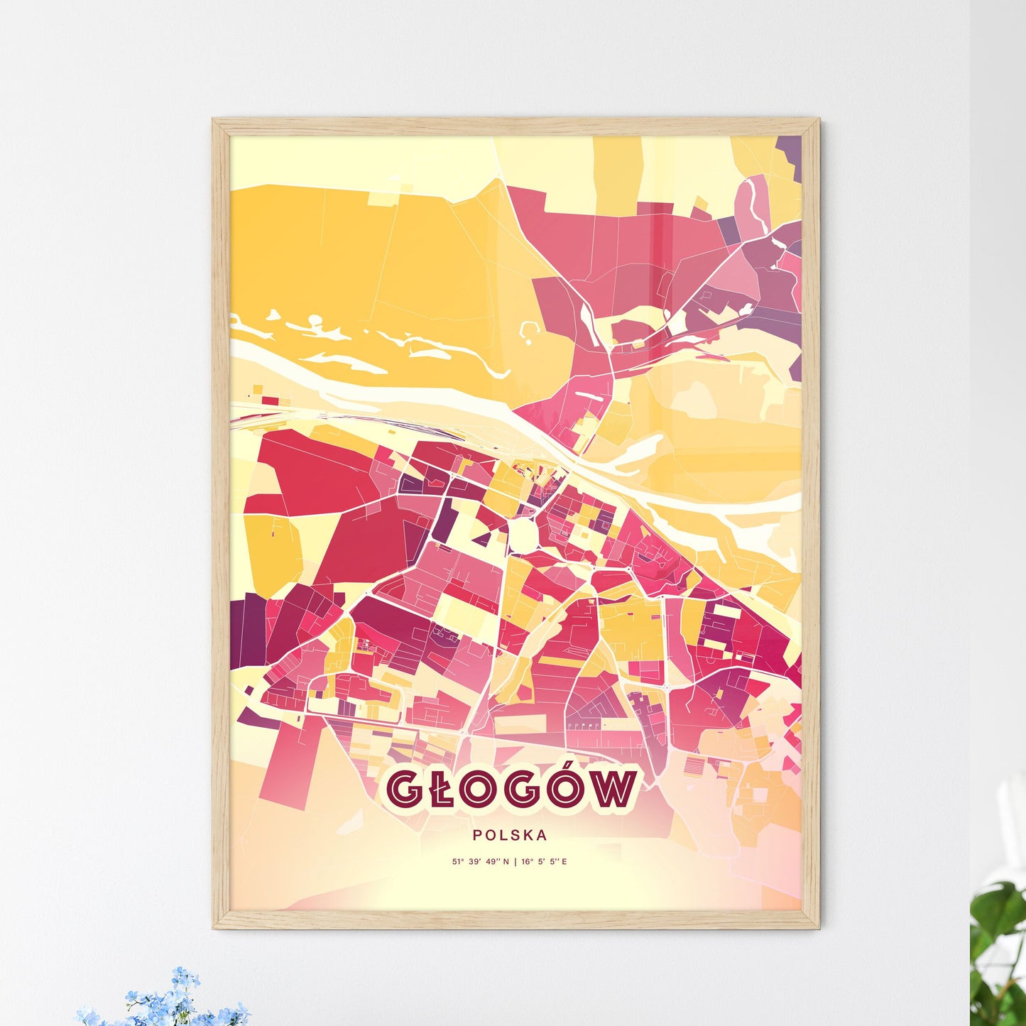 Colorful GŁOGÓW POLAND Fine Art Map Hot Red