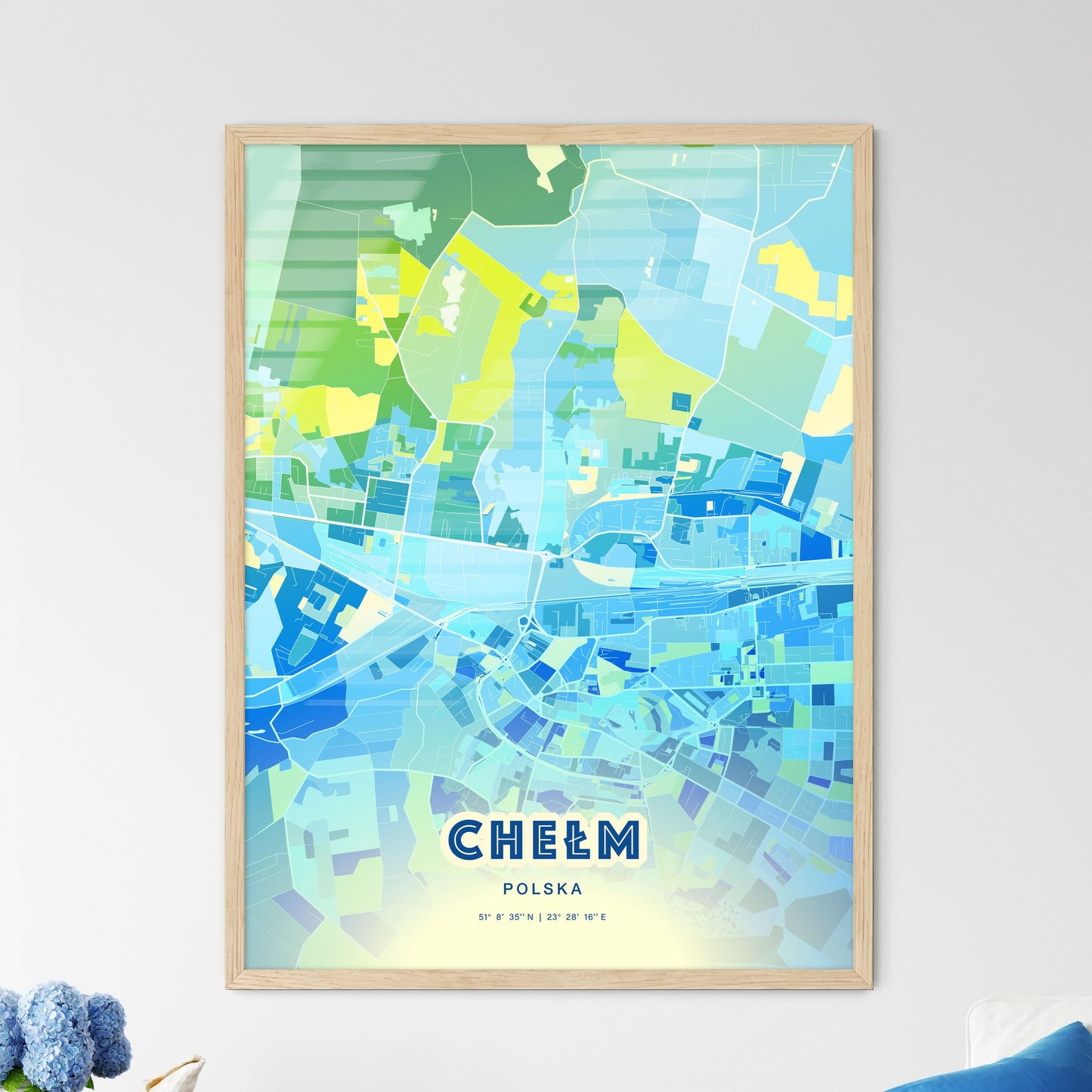 Colorful CHEŁM POLAND Fine Art Map Cool Blue