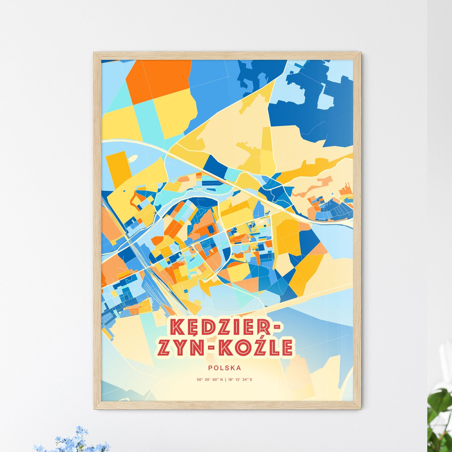 Colorful KĘDZIERZYN-KOŹLE POLAND Fine Art Map Blue Orange