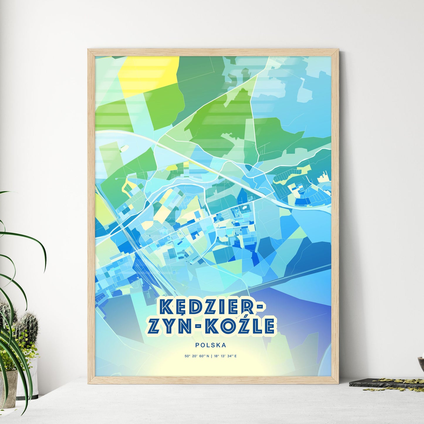 Colorful KĘDZIERZYN-KOŹLE POLAND Fine Art Map Cool Blue