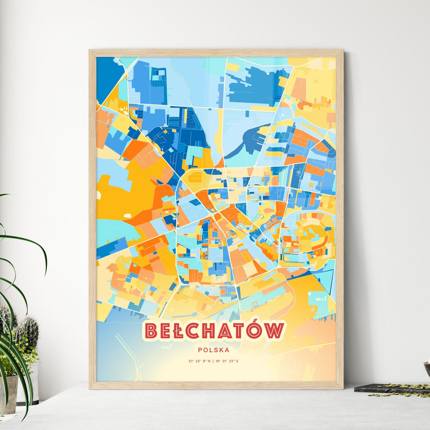 Colorful BEŁCHATÓW POLAND Fine Art Map Blue Orange