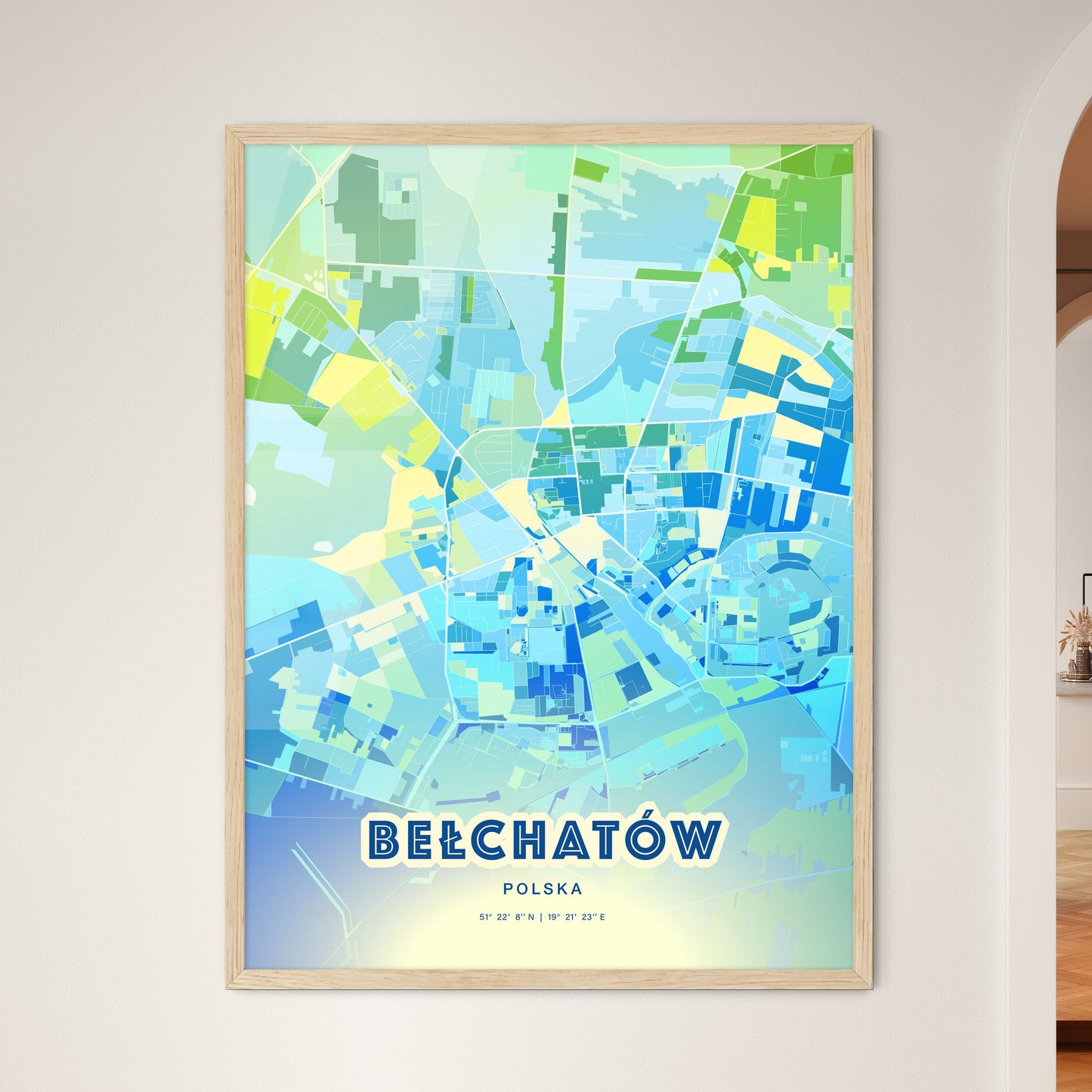 Colorful BEŁCHATÓW POLAND Fine Art Map Cool Blue