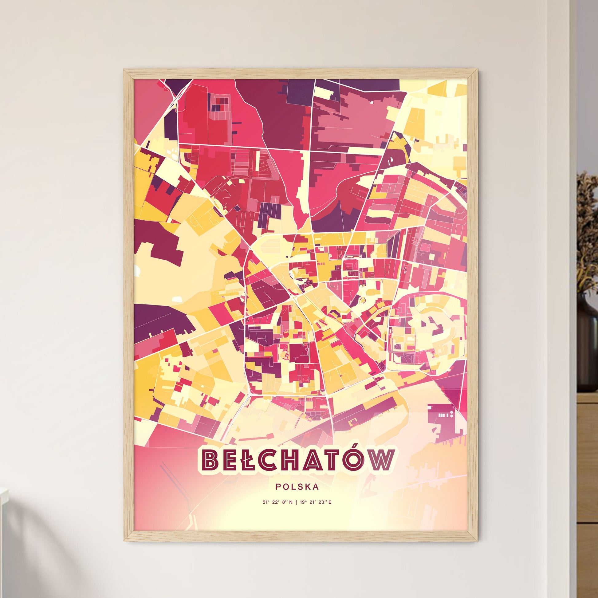 Colorful BEŁCHATÓW POLAND Fine Art Map Hot Red