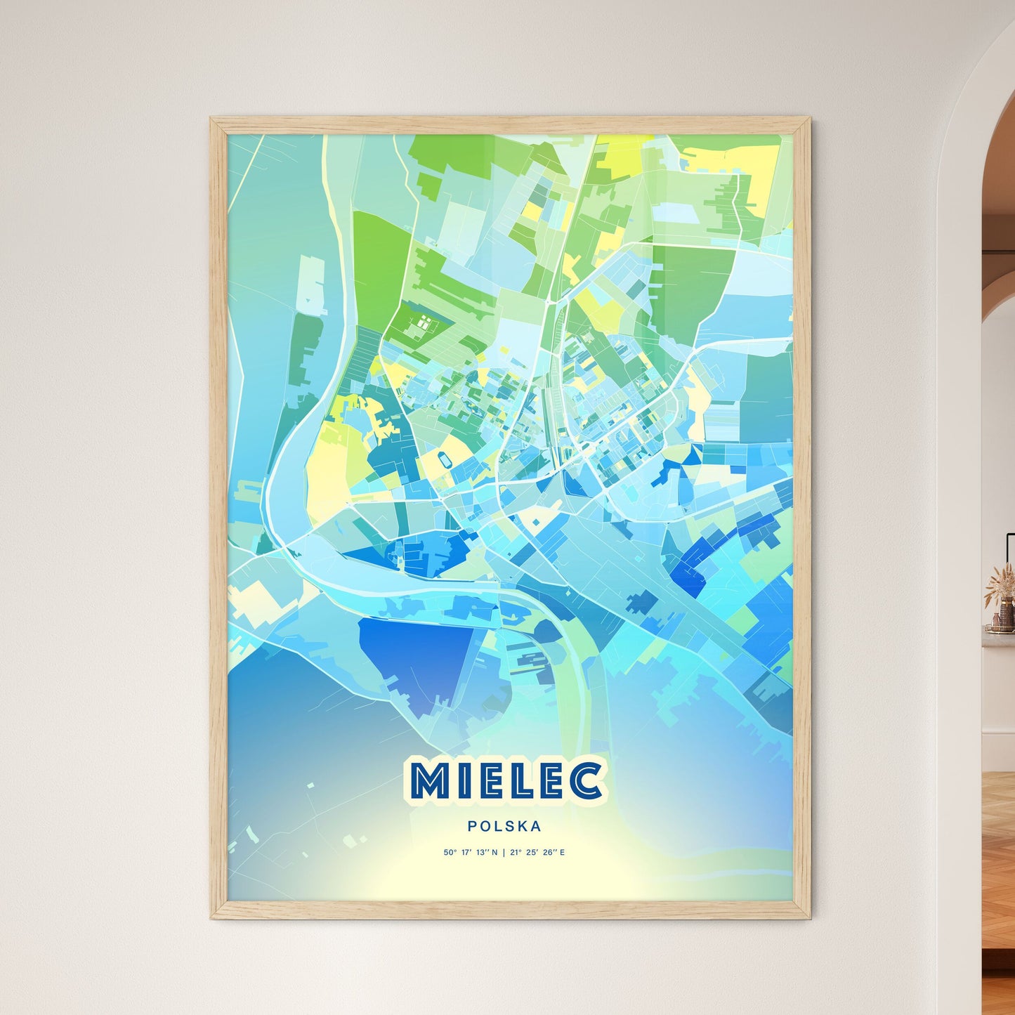 Colorful MIELEC POLAND Fine Art Map Cool Blue