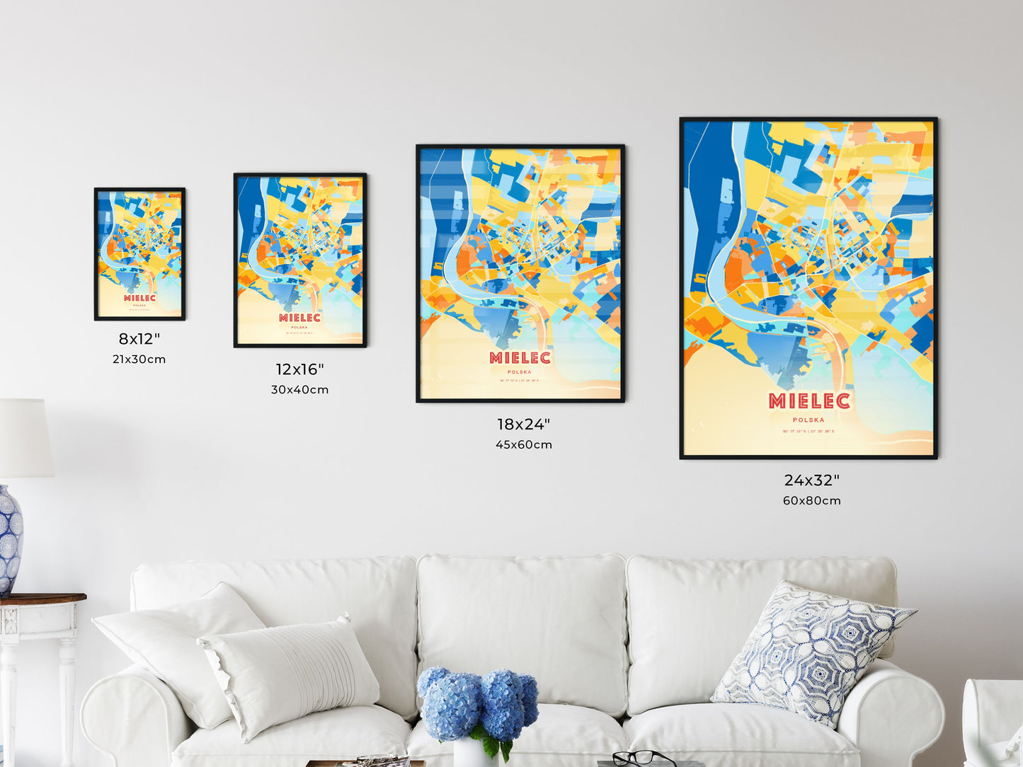 Colorful MIELEC POLAND Fine Art Map Blue Orange