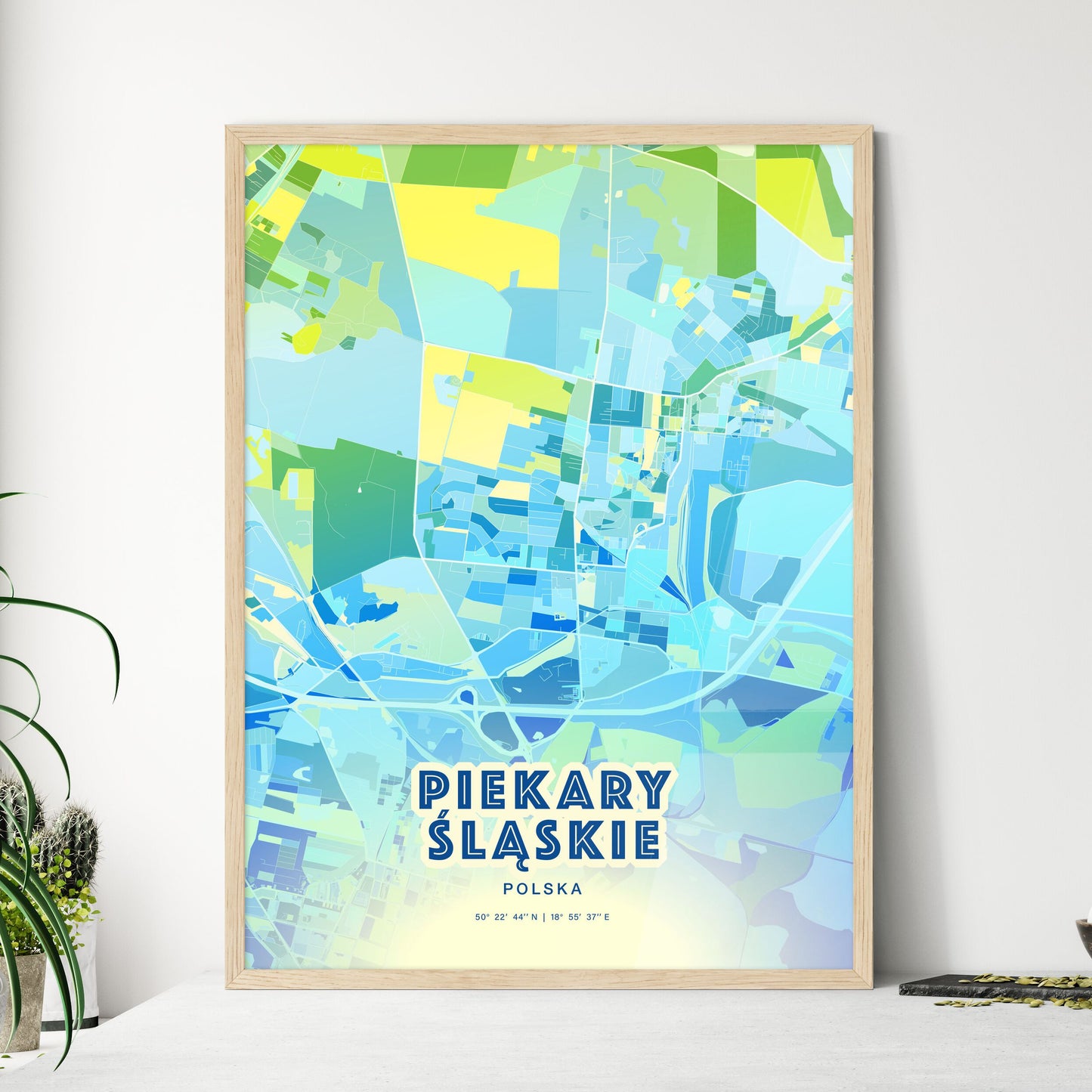 Colorful PIEKARY ŚLĄSKIE POLAND Fine Art Map Cool Blue