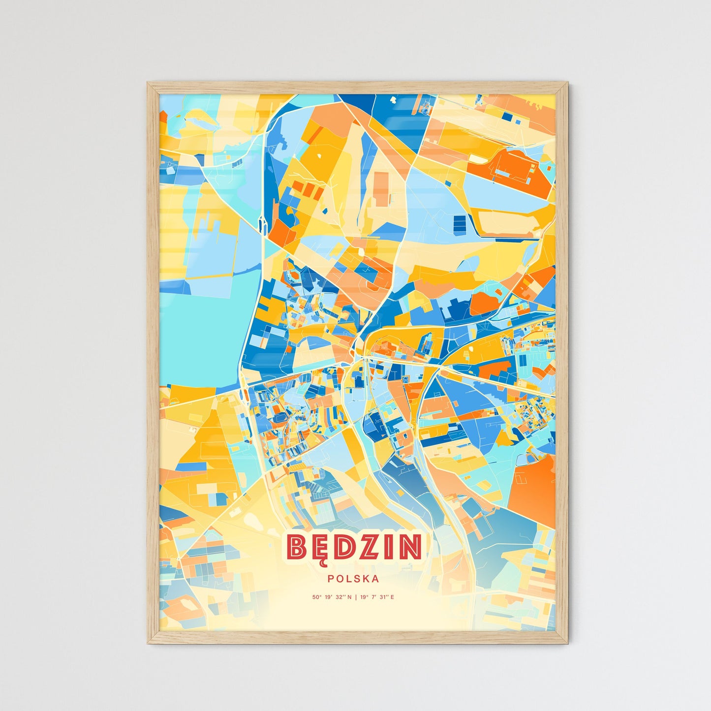 Colorful BĘDZIN POLAND Fine Art Map Blue Orange