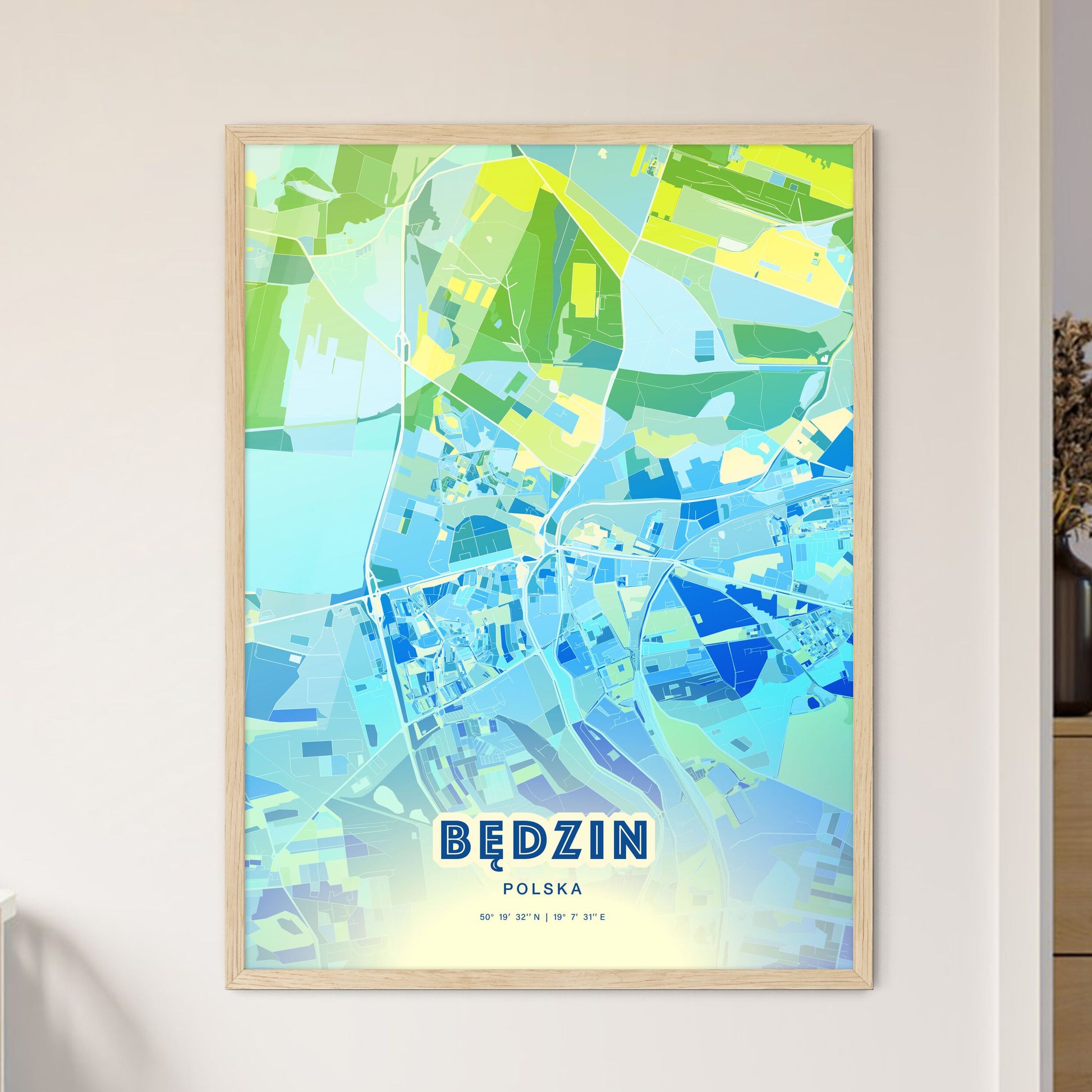 Colorful BĘDZIN POLAND Fine Art Map Cool Blue