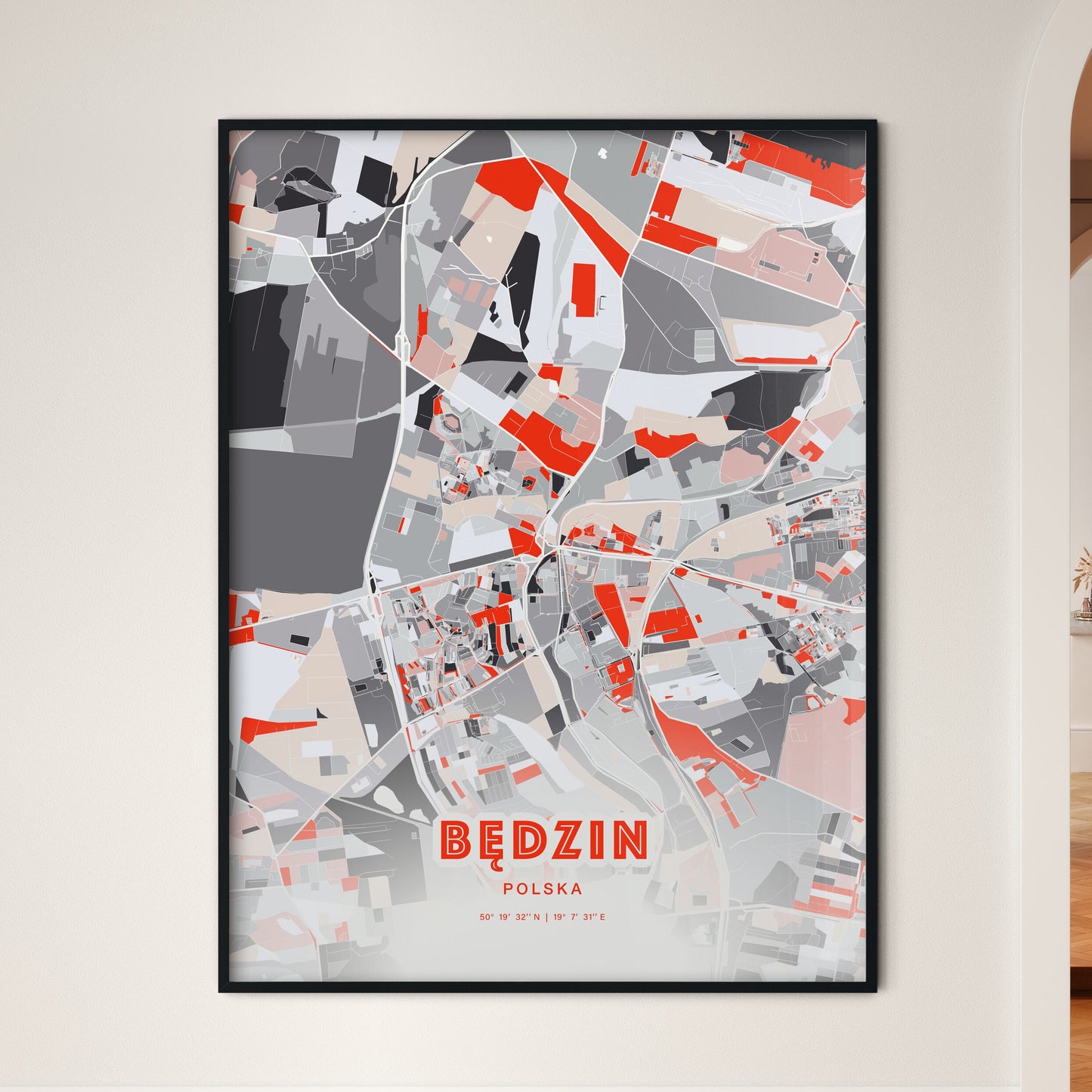 Colorful BĘDZIN POLAND Fine Art Map Modern