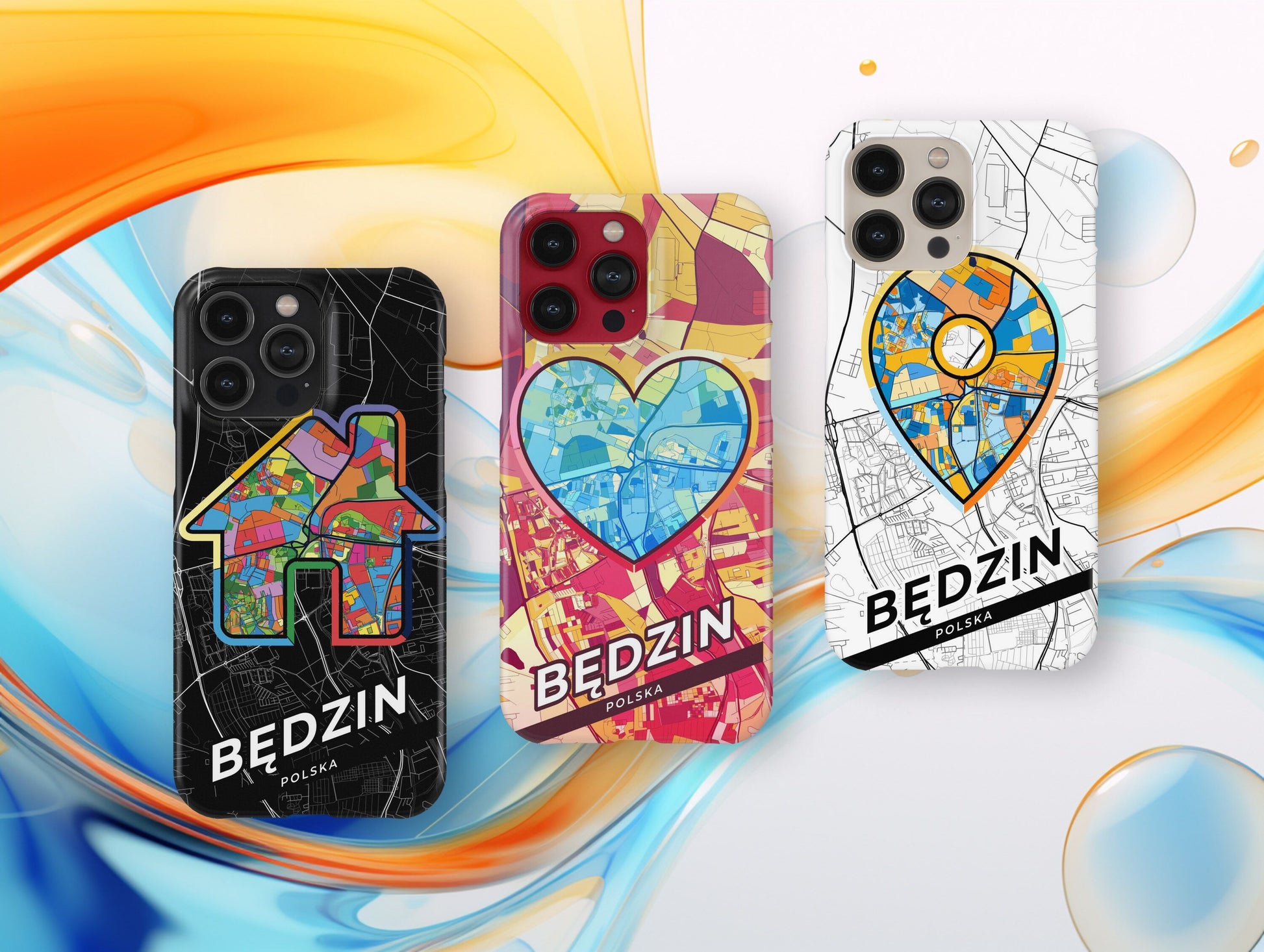 Będzin Poland slim phone case with colorful icon. Birthday, wedding or housewarming gift. Couple match cases.