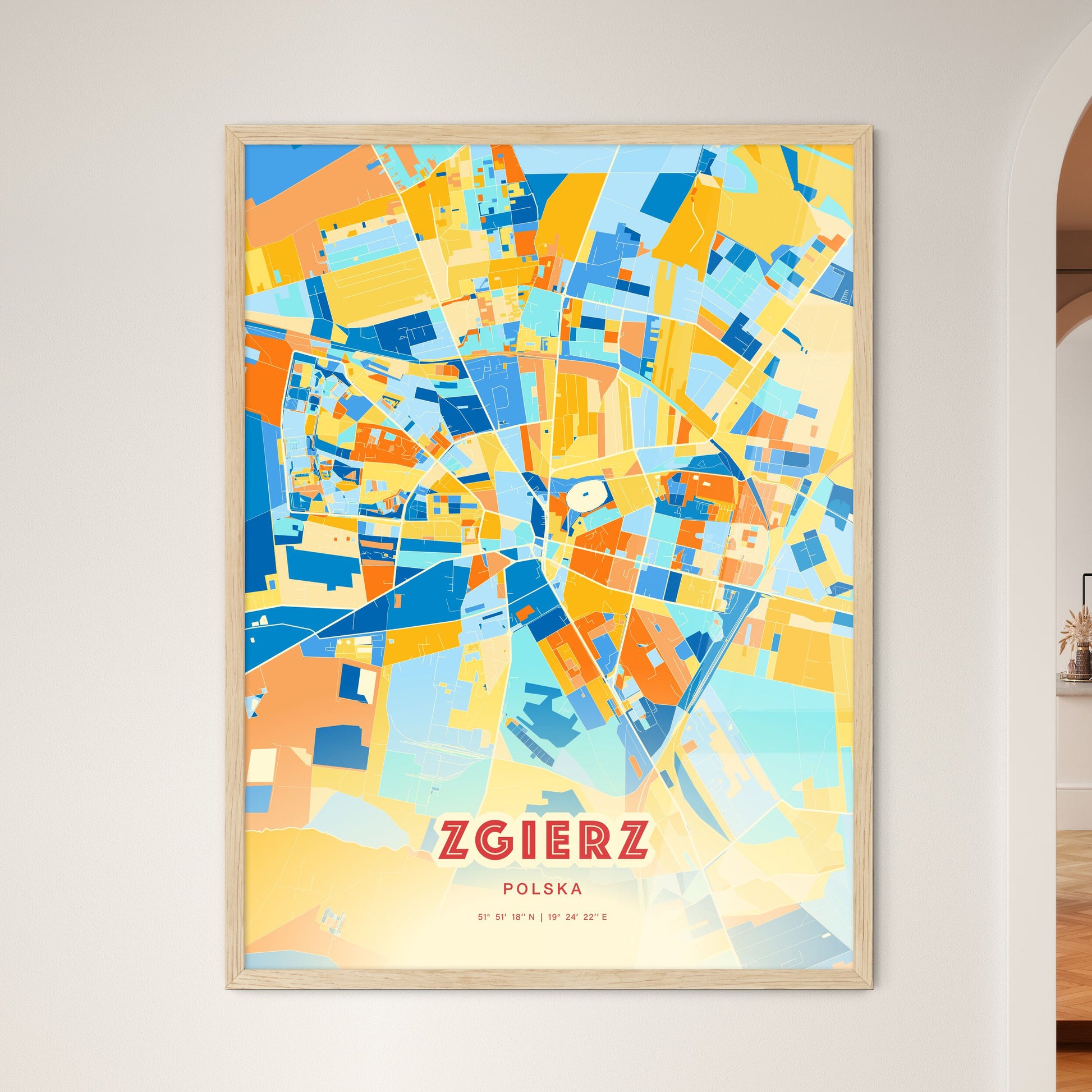 Colorful ZGIERZ POLAND Fine Art Map Blue Orange