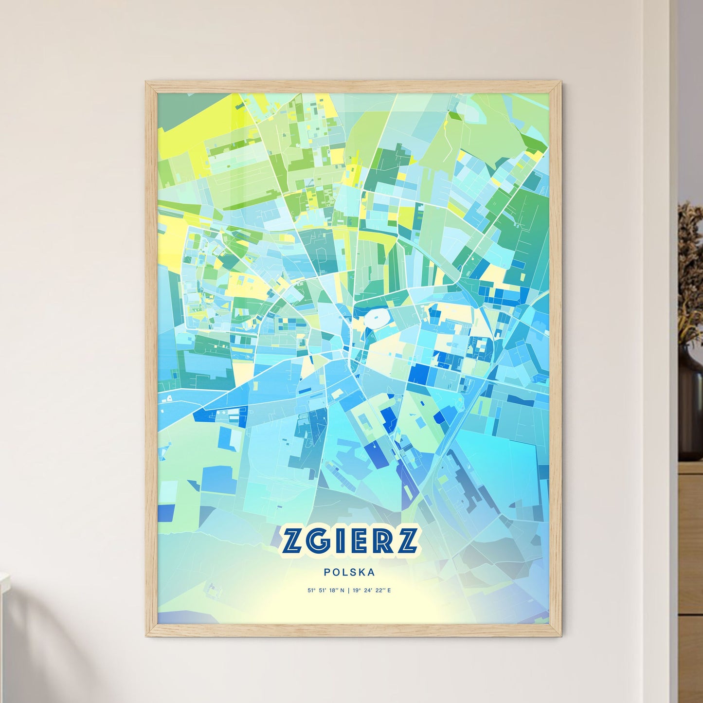 Colorful ZGIERZ POLAND Fine Art Map Cool Blue