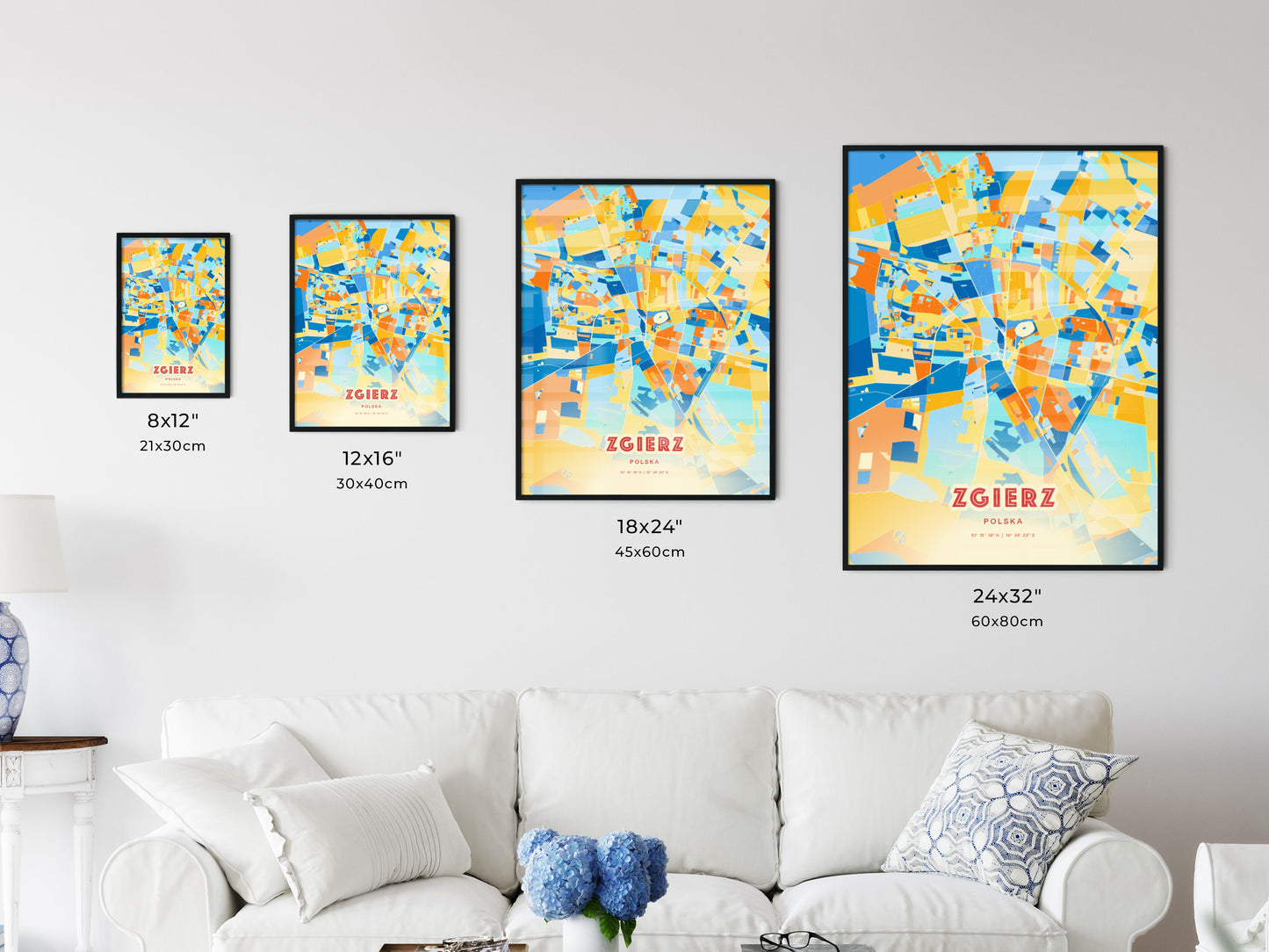 Colorful ZGIERZ POLAND Fine Art Map Blue Orange