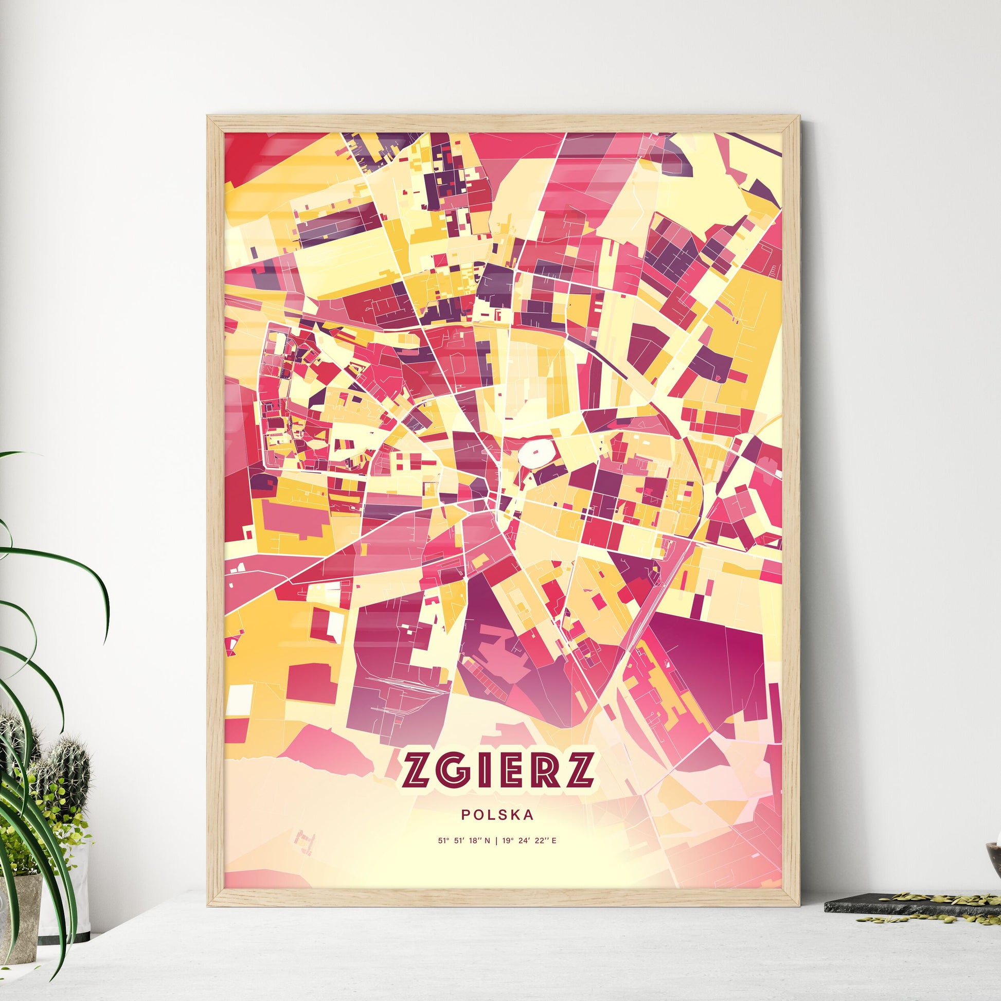 Colorful ZGIERZ POLAND Fine Art Map Hot Red