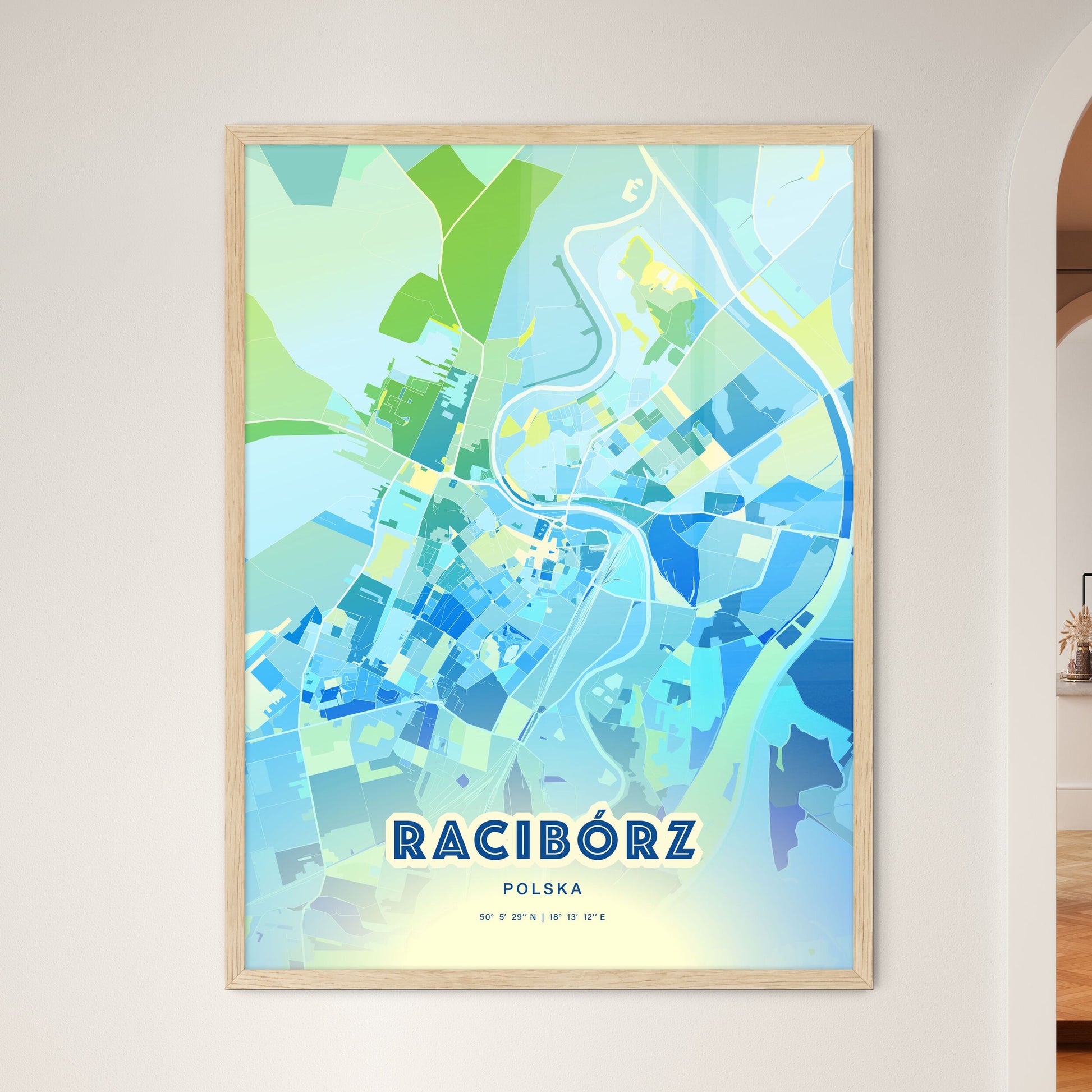 Colorful RACIBÓRZ POLAND Fine Art Map Cool Blue