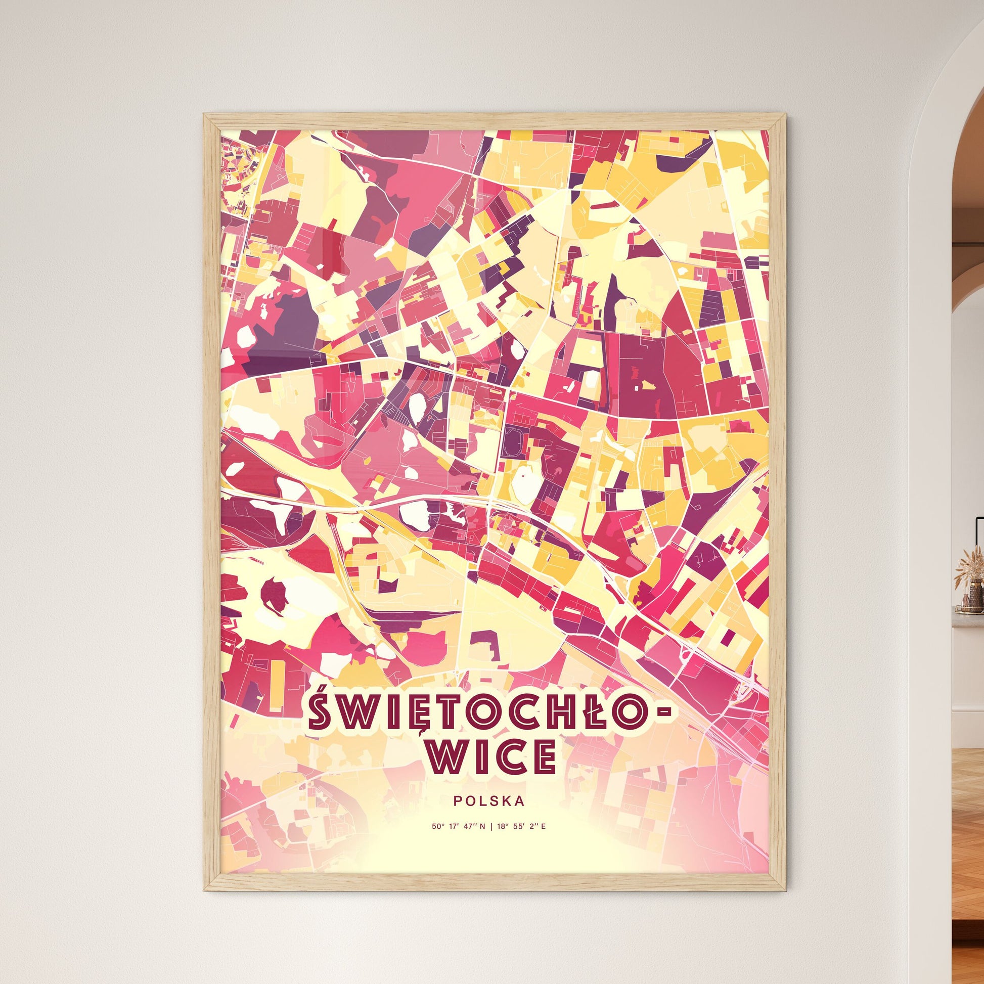 Colorful ŚWIĘTOCHŁOWICE POLAND Fine Art Map Hot Red