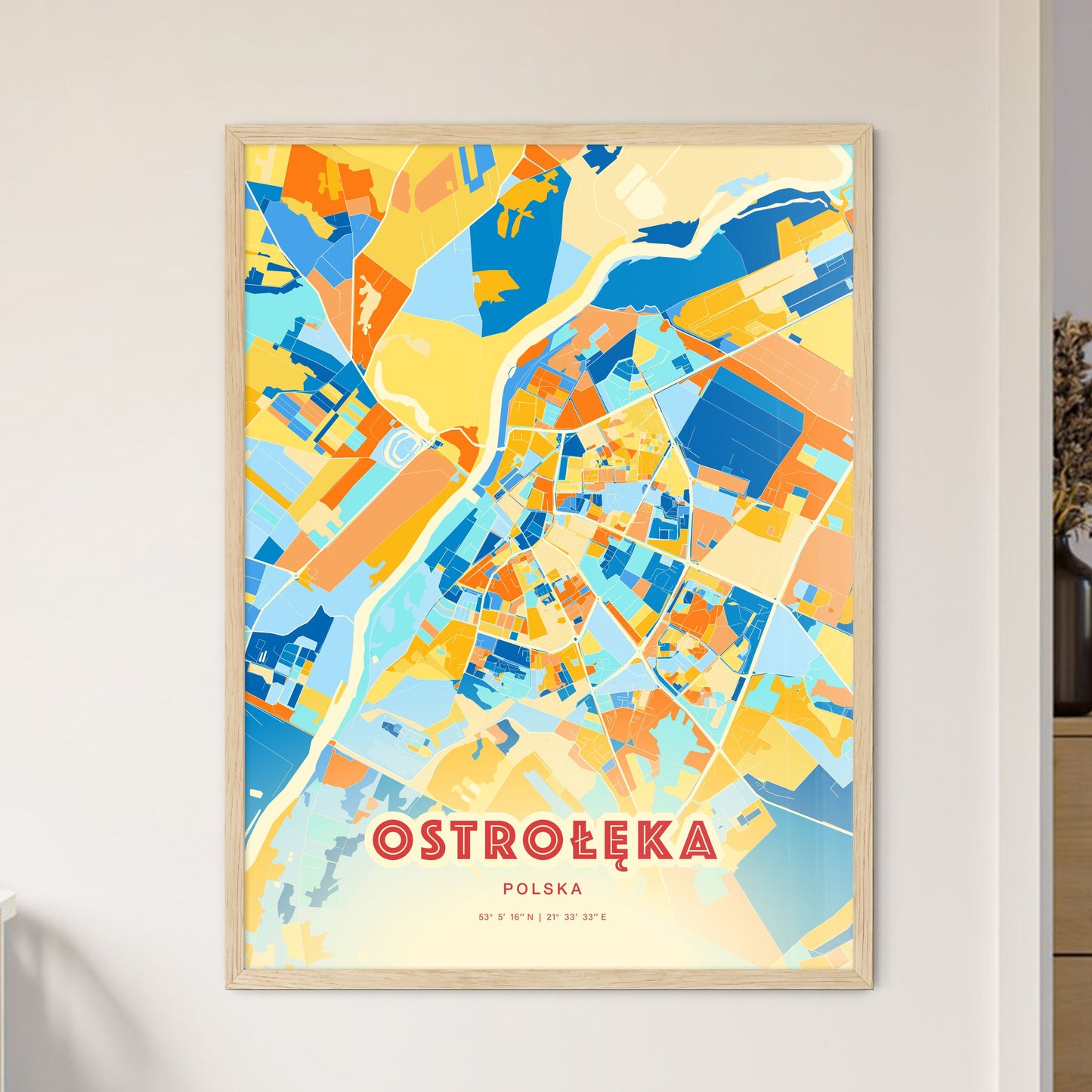 Colorful OSTROŁĘKA POLAND Fine Art Map Blue Orange