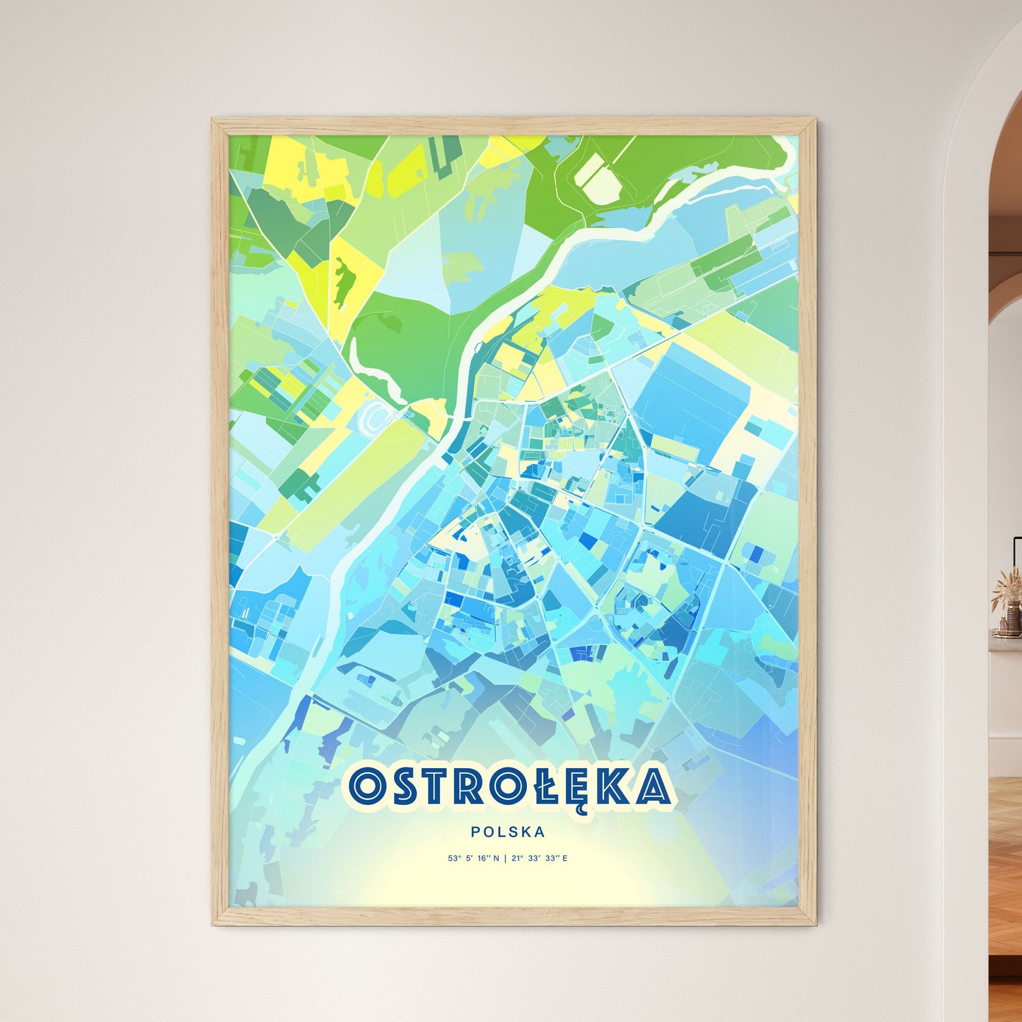 Colorful OSTROŁĘKA POLAND Fine Art Map Cool Blue