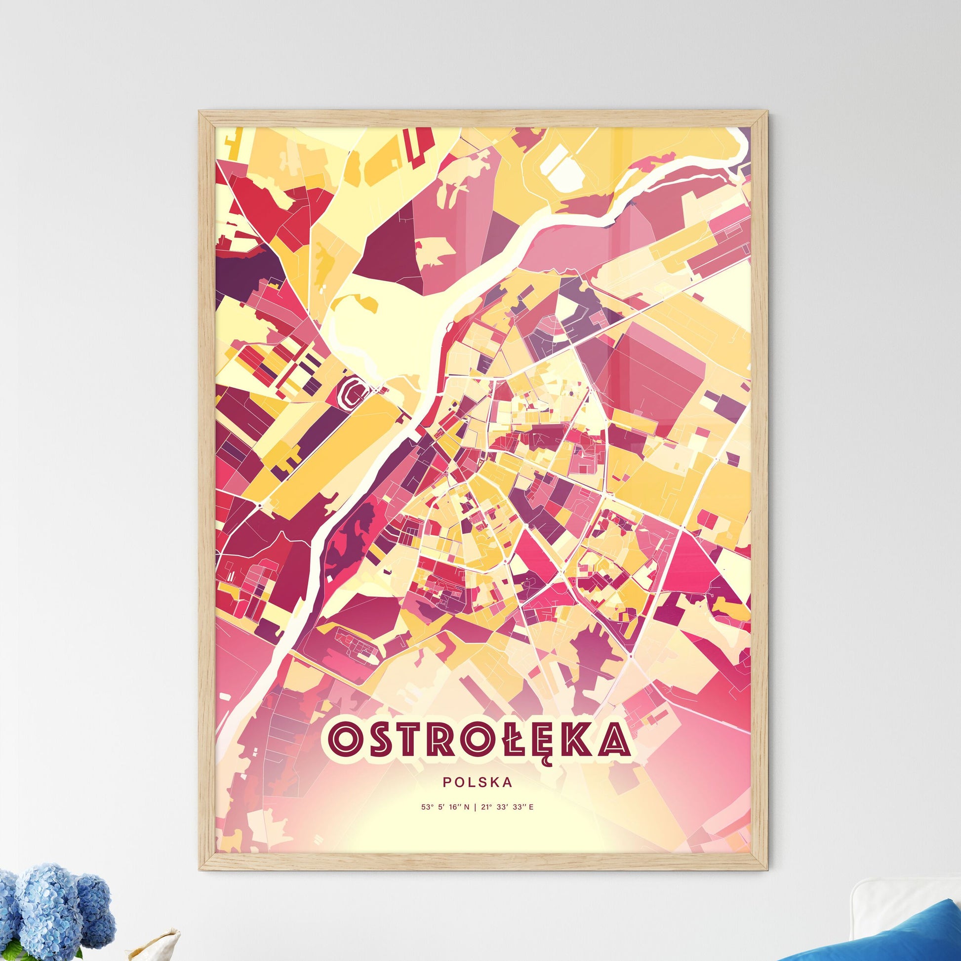 Colorful OSTROŁĘKA POLAND Fine Art Map Hot Red