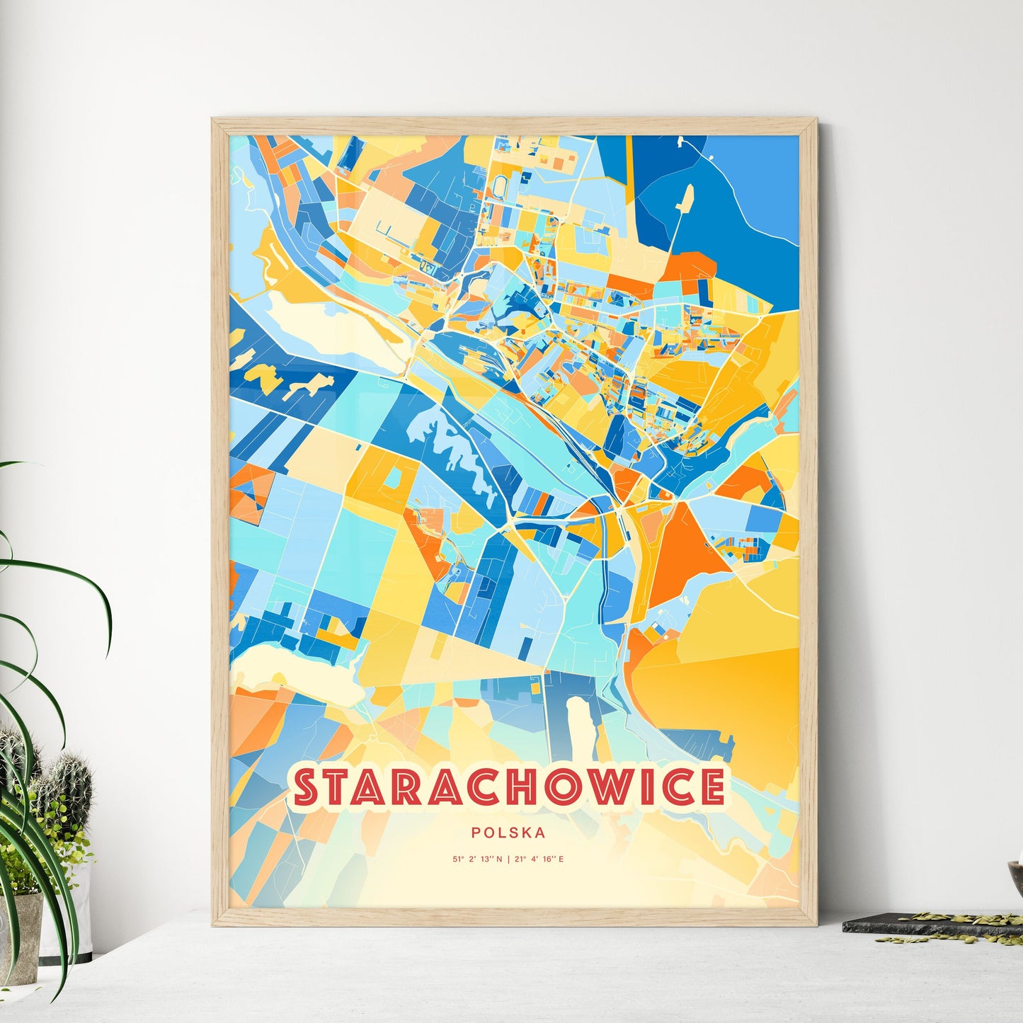 Colorful STARACHOWICE POLAND Fine Art Map Blue Orange