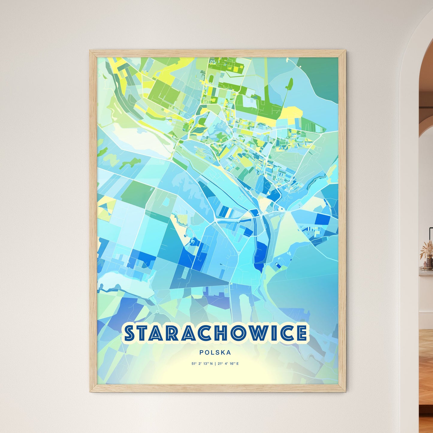 Colorful STARACHOWICE POLAND Fine Art Map Cool Blue