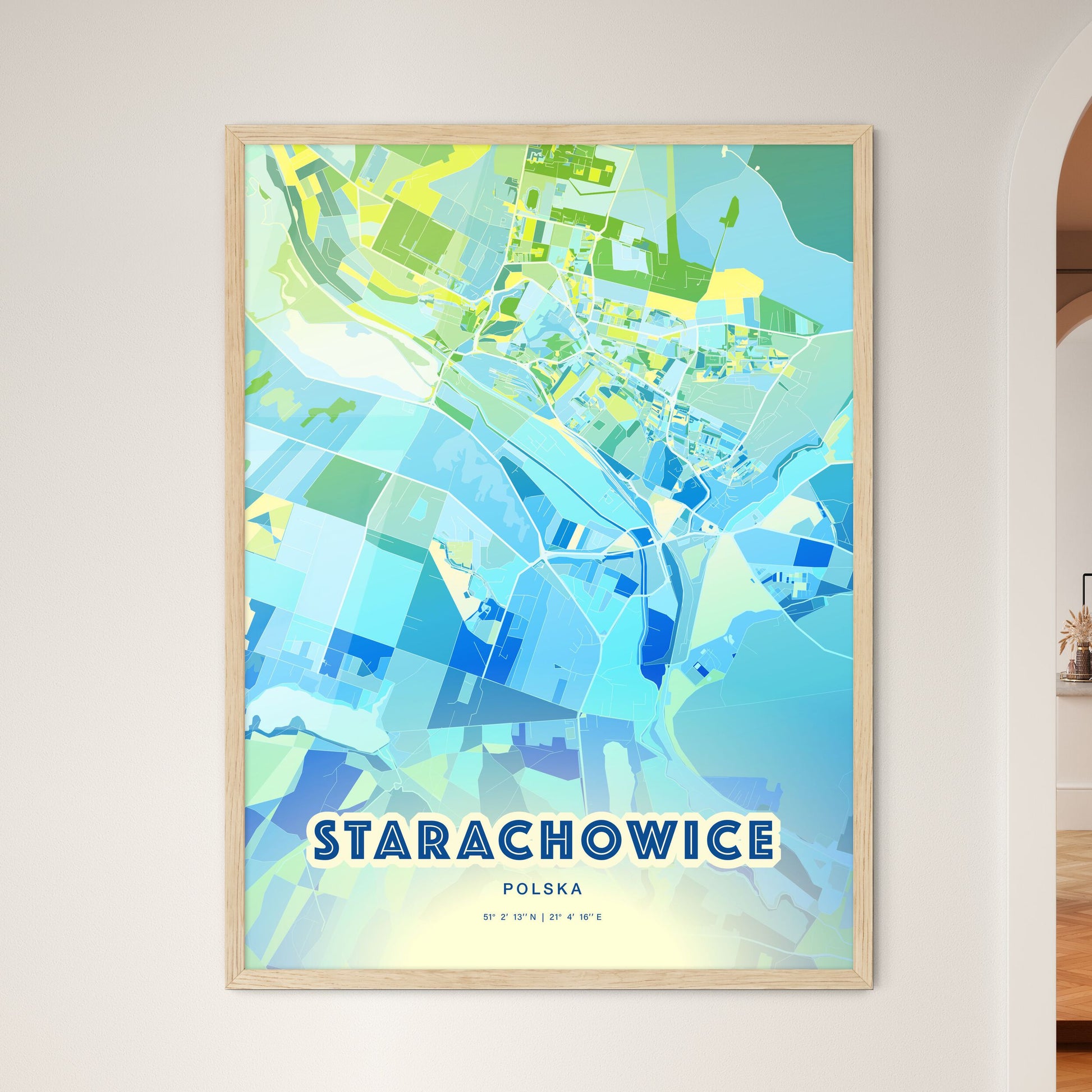 Colorful STARACHOWICE POLAND Fine Art Map Cool Blue