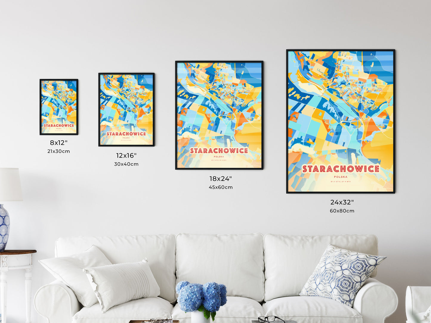 Colorful STARACHOWICE POLAND Fine Art Map Blue Orange