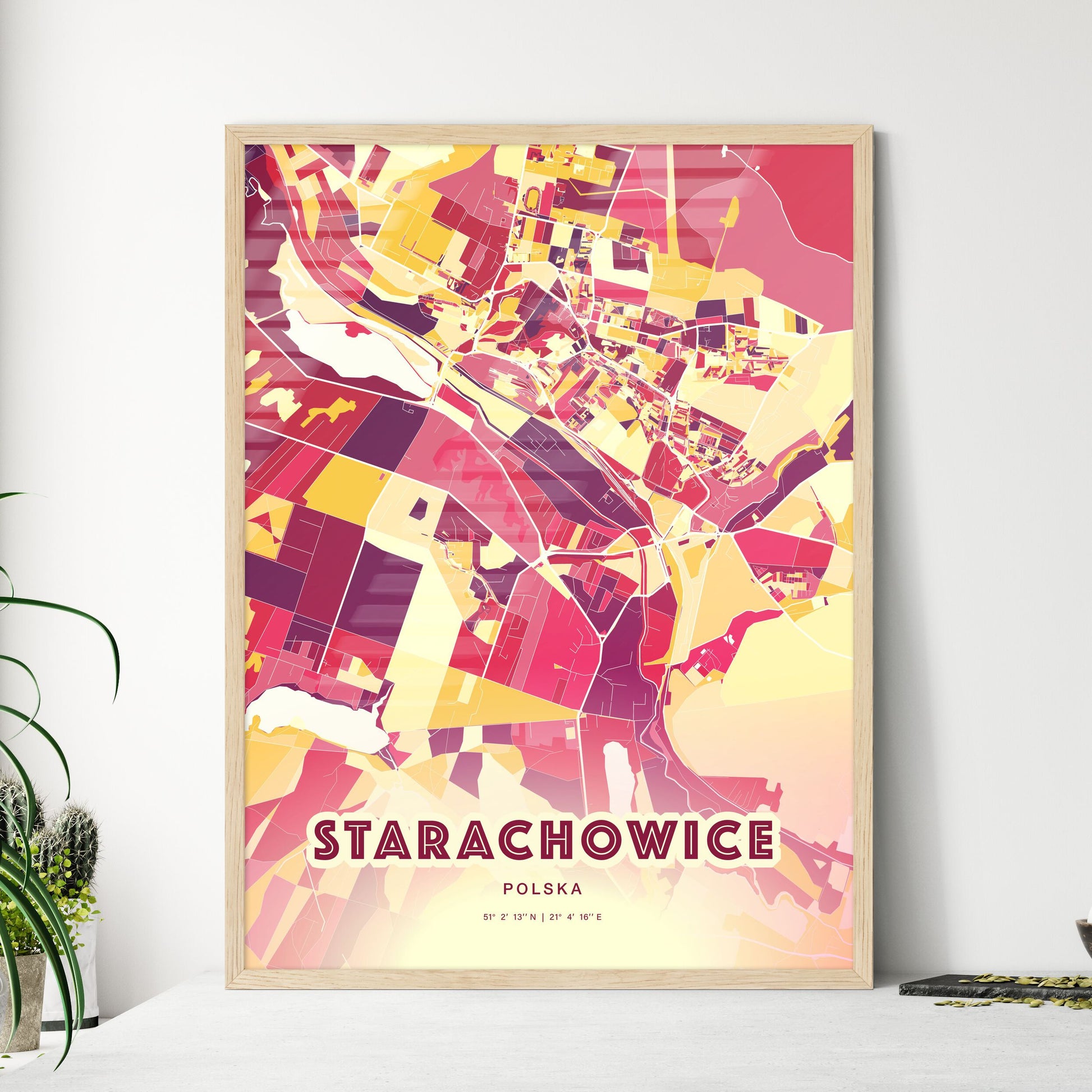 Colorful STARACHOWICE POLAND Fine Art Map Hot Red