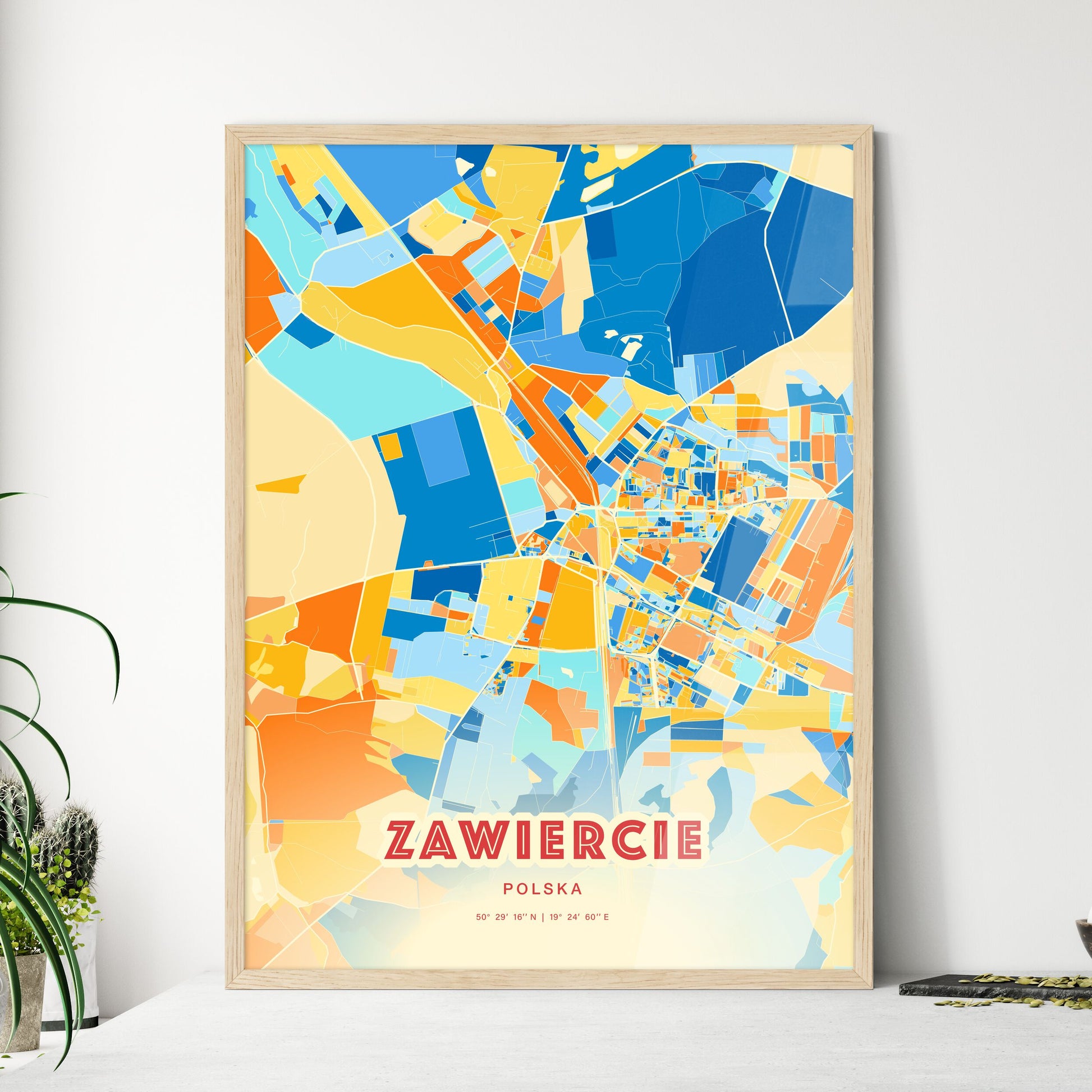 Colorful ZAWIERCIE POLAND Fine Art Map Blue Orange