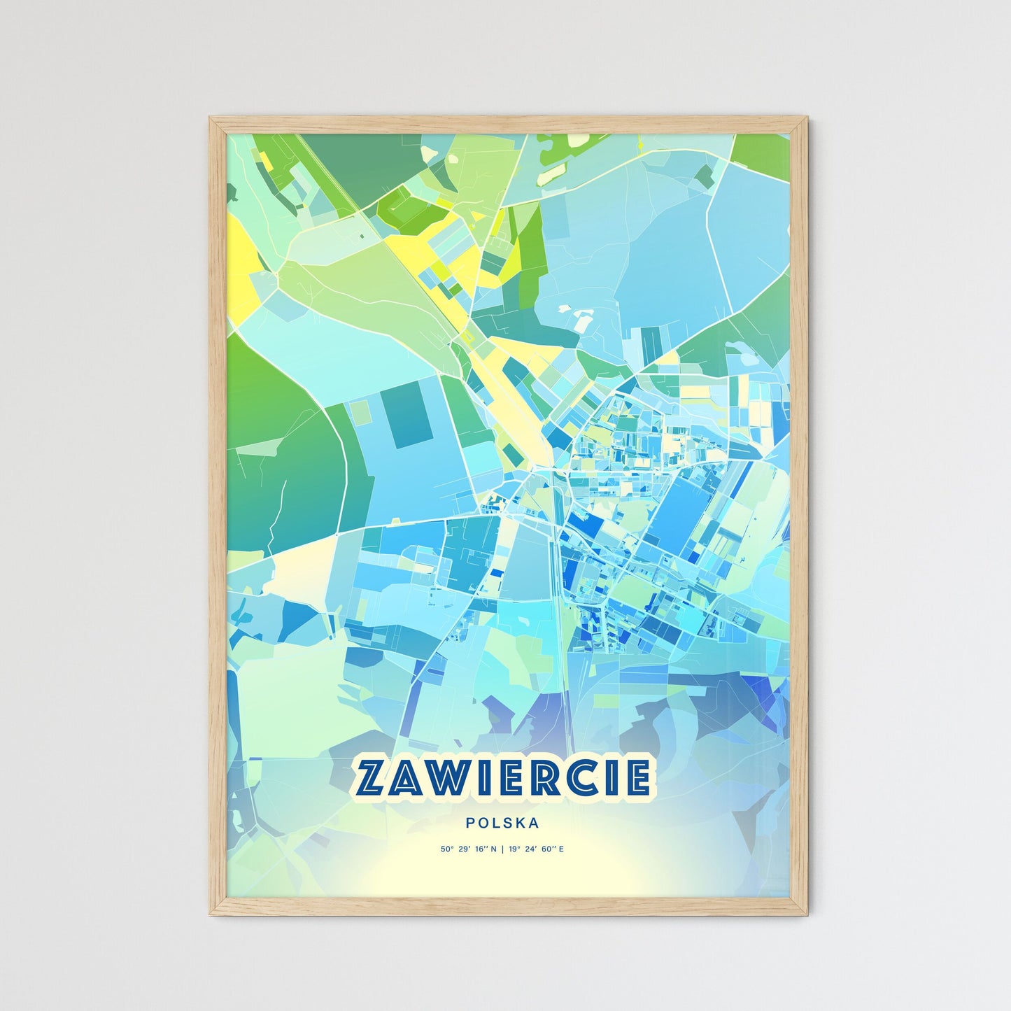 Colorful ZAWIERCIE POLAND Fine Art Map Cool Blue