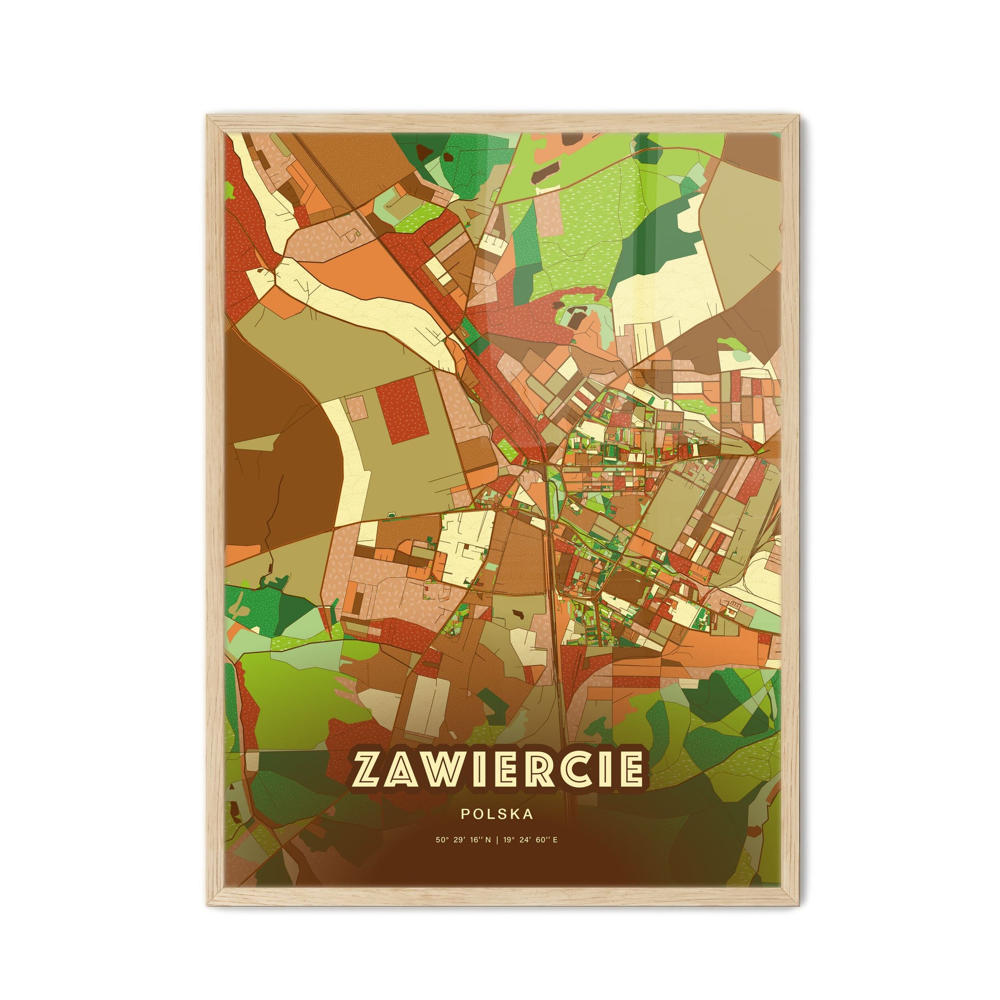 Colorful ZAWIERCIE POLAND Fine Art Map Farmhouse