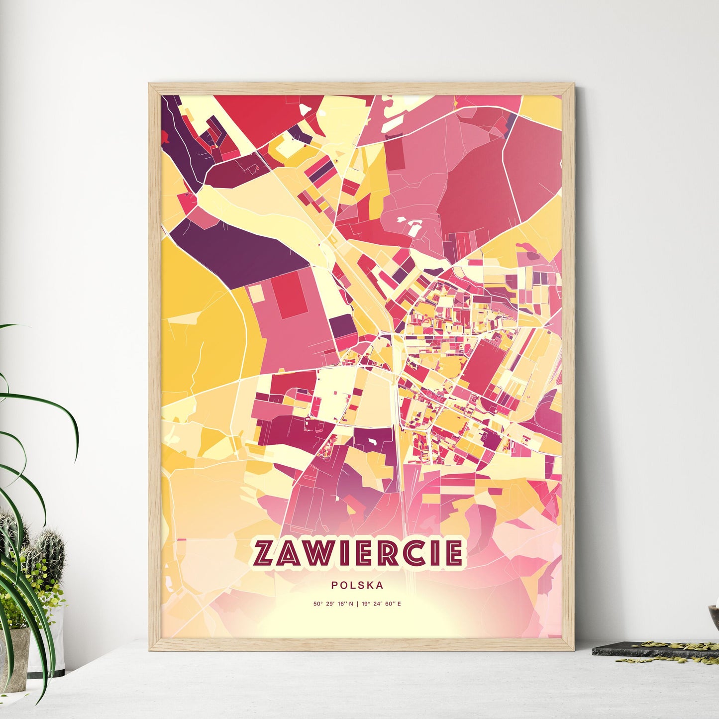 Colorful ZAWIERCIE POLAND Fine Art Map Hot Red