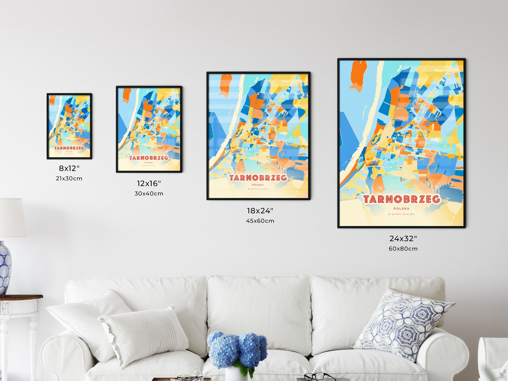 Colorful TARNOBRZEG POLAND Fine Art Map Blue Orange