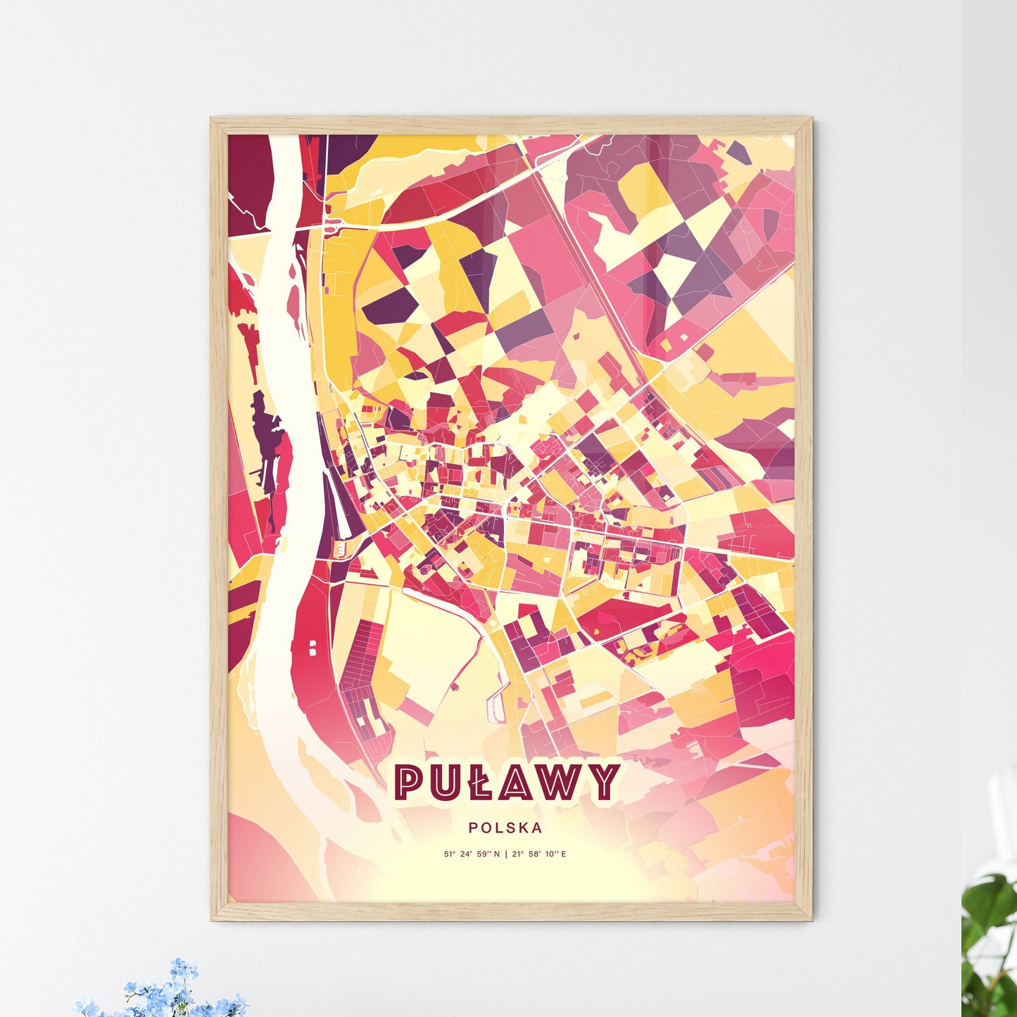 Colorful PUŁAWY POLAND Fine Art Map Hot Red