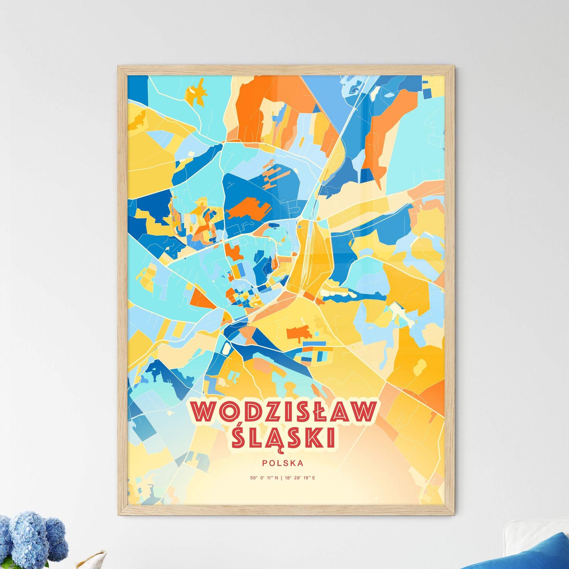 Colorful WODZISŁAW ŚLĄSKI POLAND Fine Art Map Blue Orange