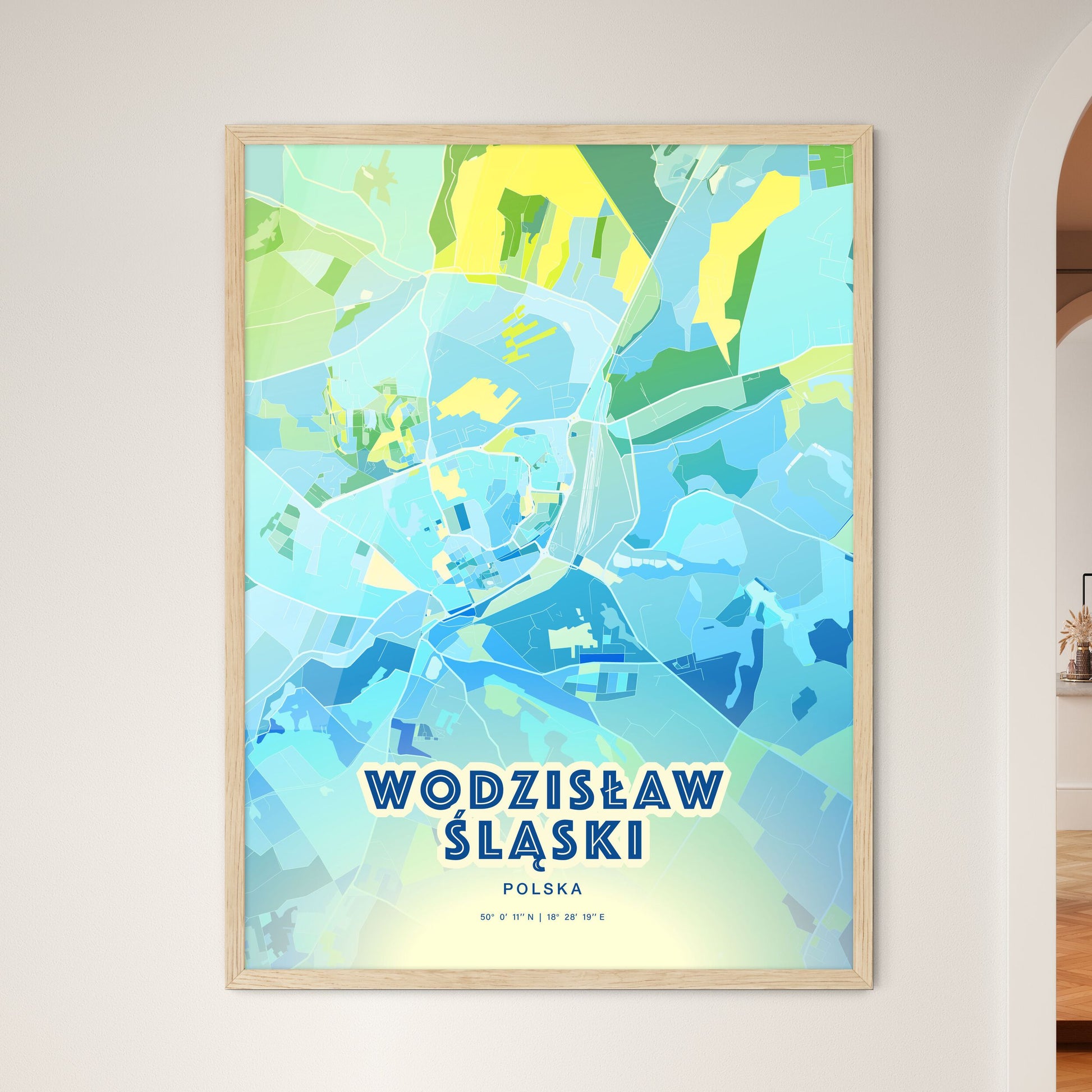 Colorful WODZISŁAW ŚLĄSKI POLAND Fine Art Map Cool Blue