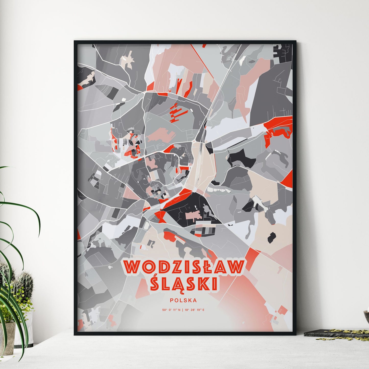 Colorful WODZISŁAW ŚLĄSKI POLAND Fine Art Map Modern