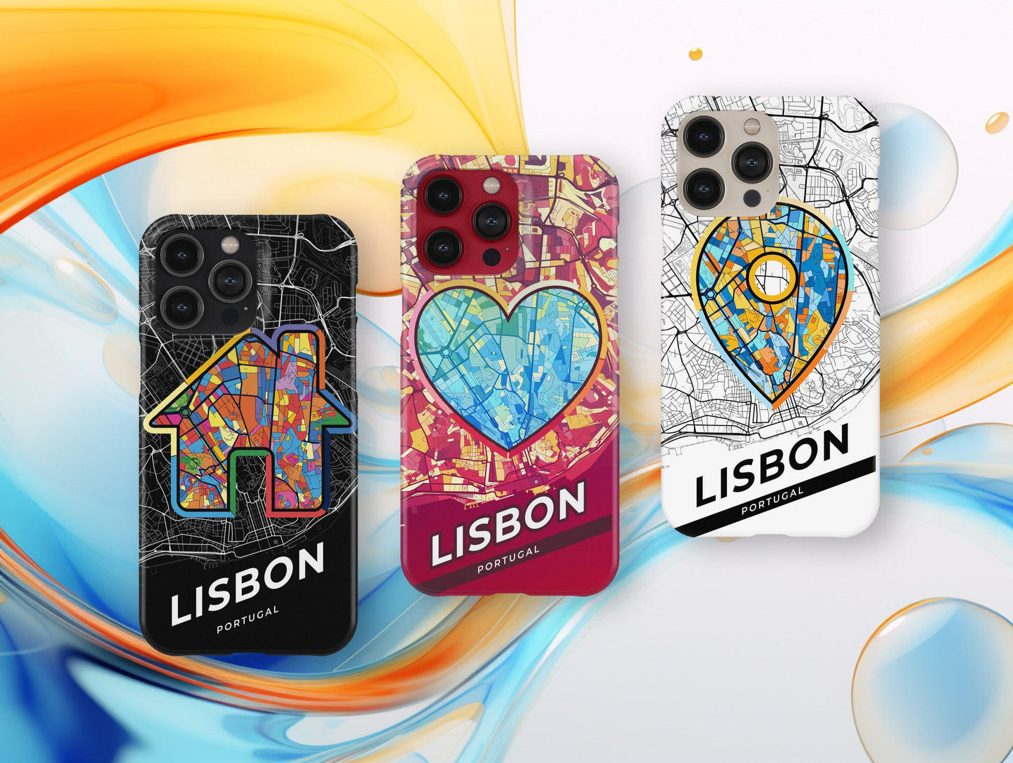 Lisbon Portugal slim phone case with colorful icon. Birthday, wedding or housewarming gift. Couple match cases.