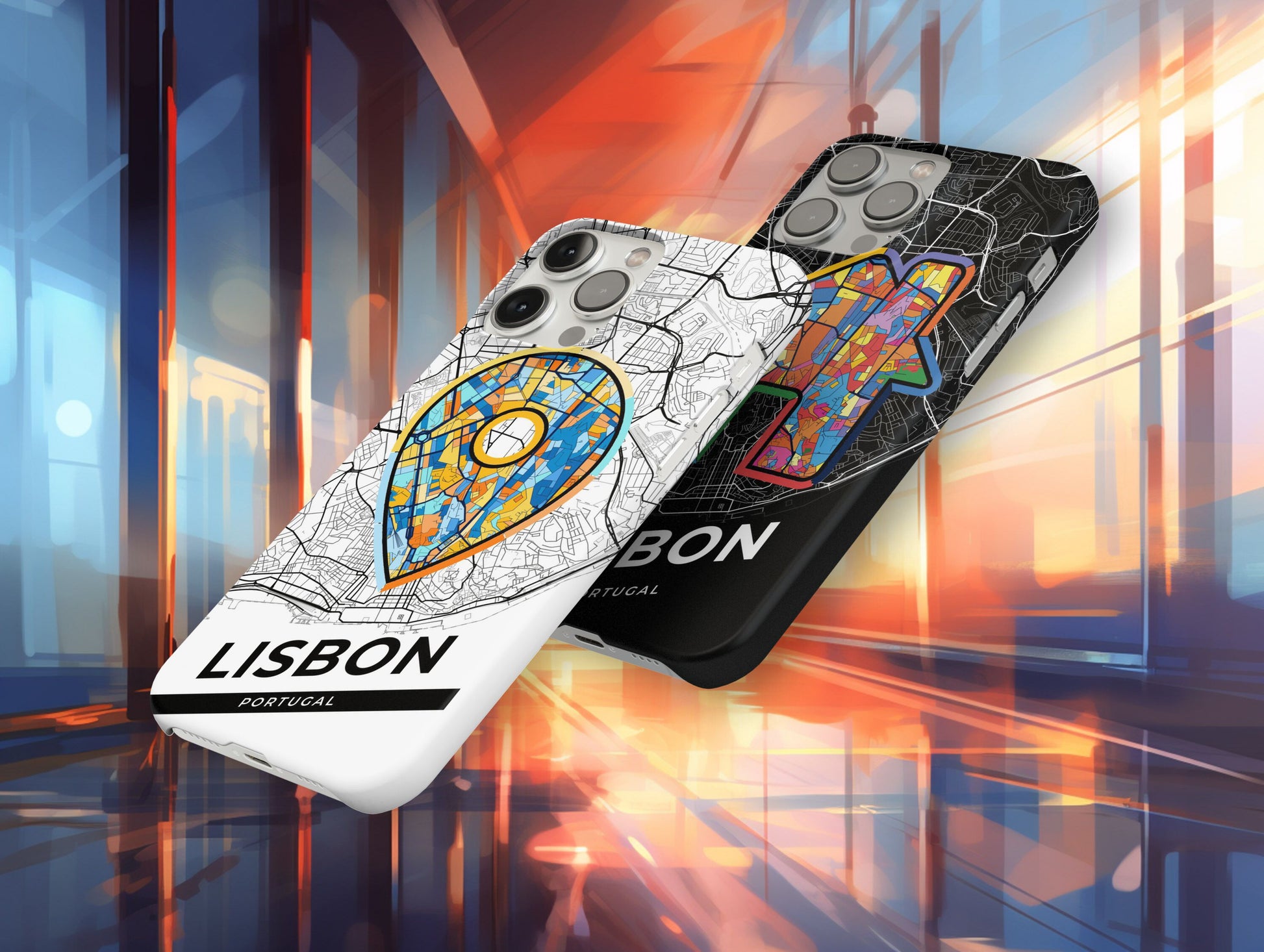 Lisbon Portugal slim phone case with colorful icon. Birthday, wedding or housewarming gift. Couple match cases.