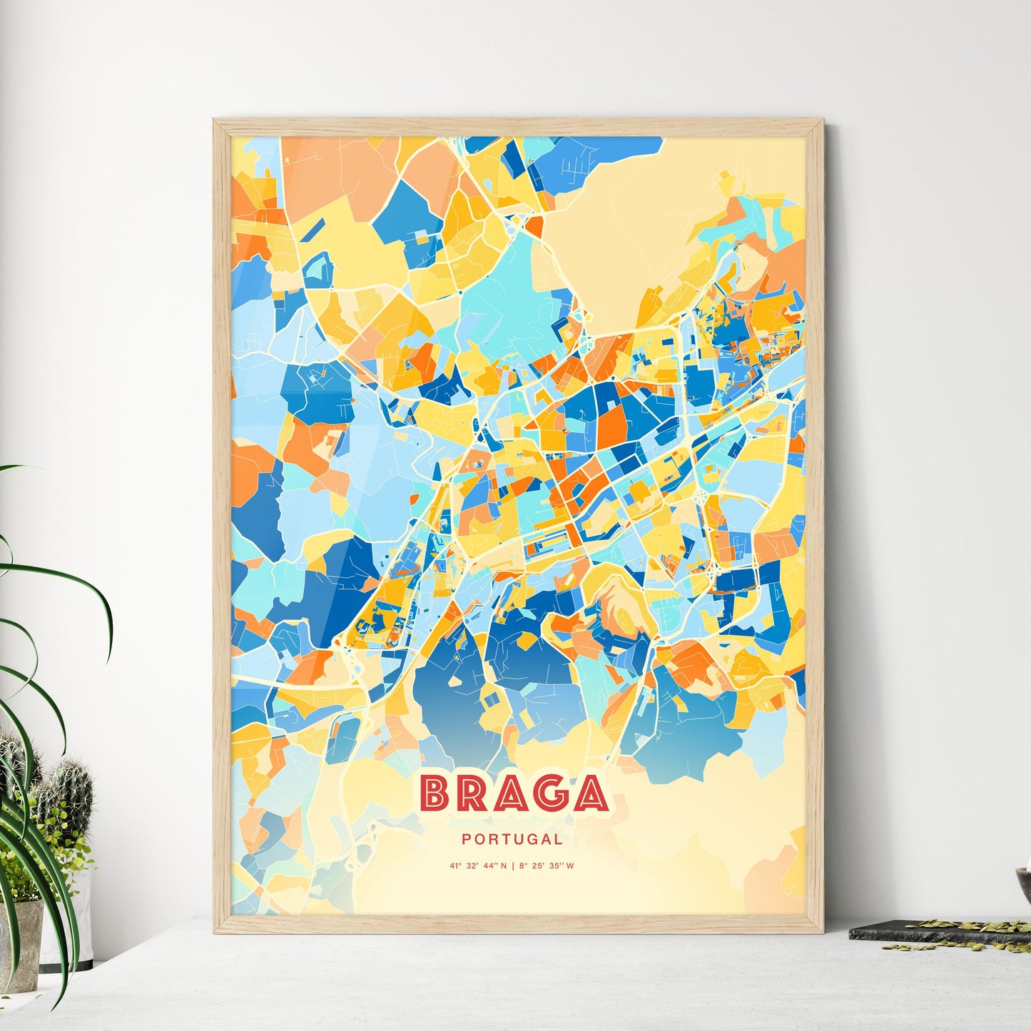 Colorful Braga Portugal Fine Art Map Blue Orange