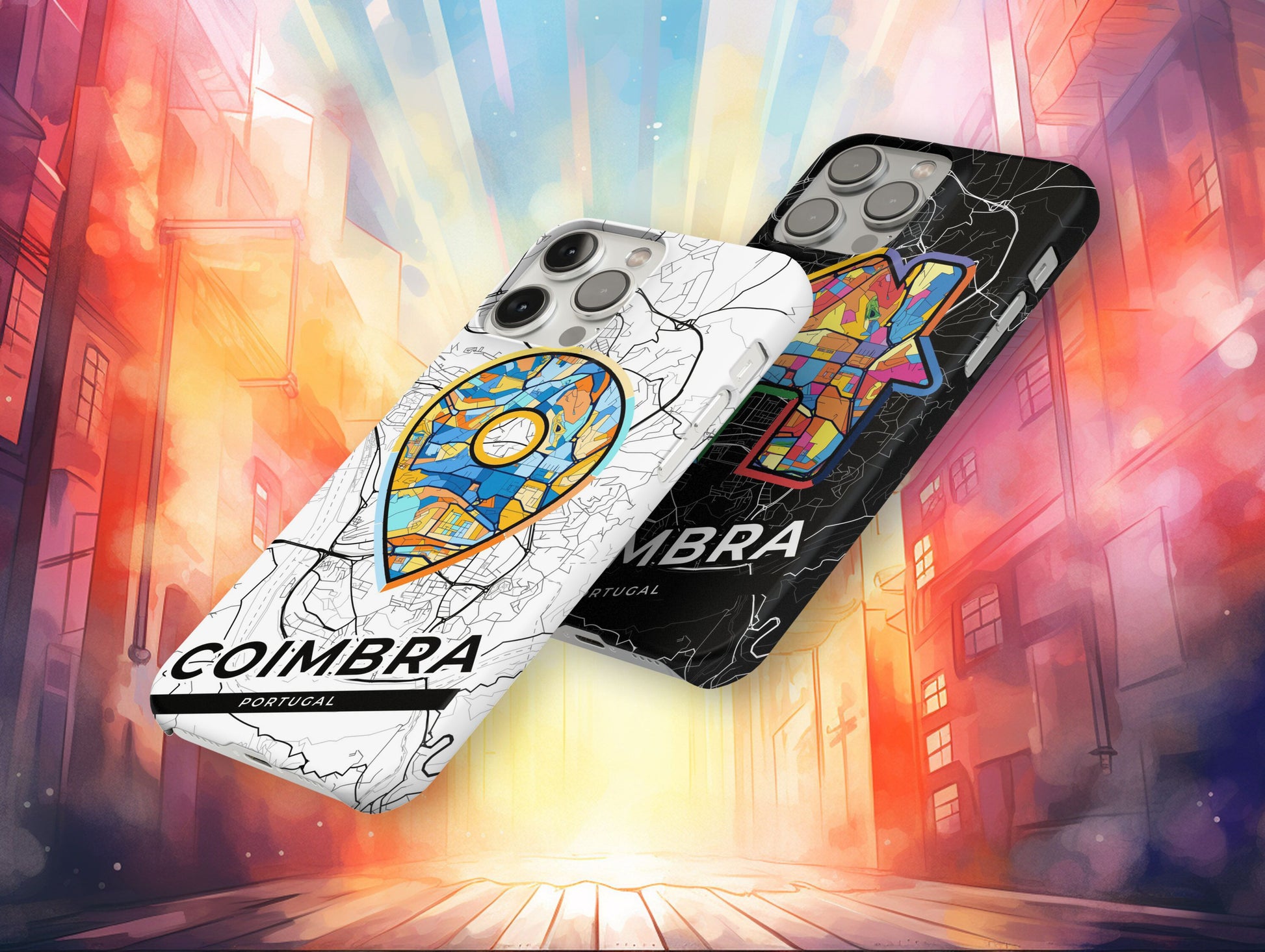Coimbra Portugal slim phone case with colorful icon. Birthday, wedding or housewarming gift. Couple match cases.