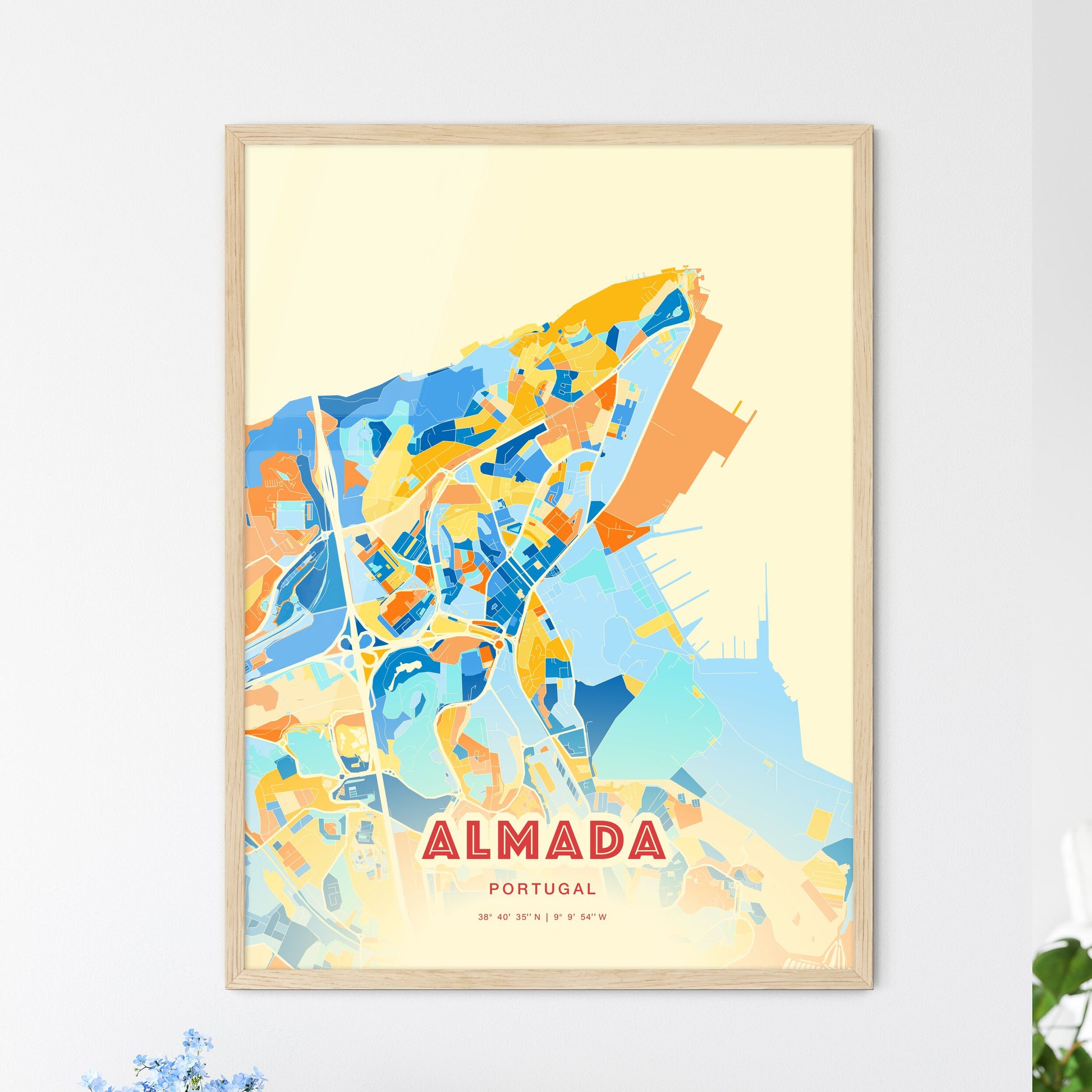 Colorful Almada Portugal Fine Art Map Blue Orange