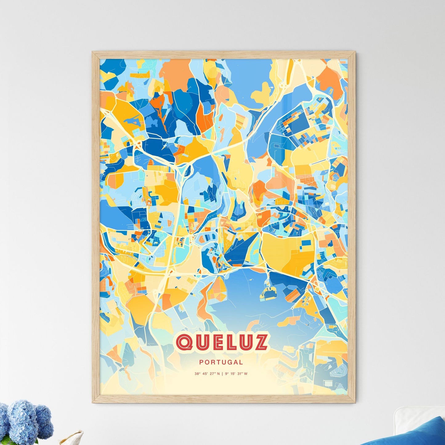 Colorful QUELUZ PORTUGAL Fine Art Map Blue Orange