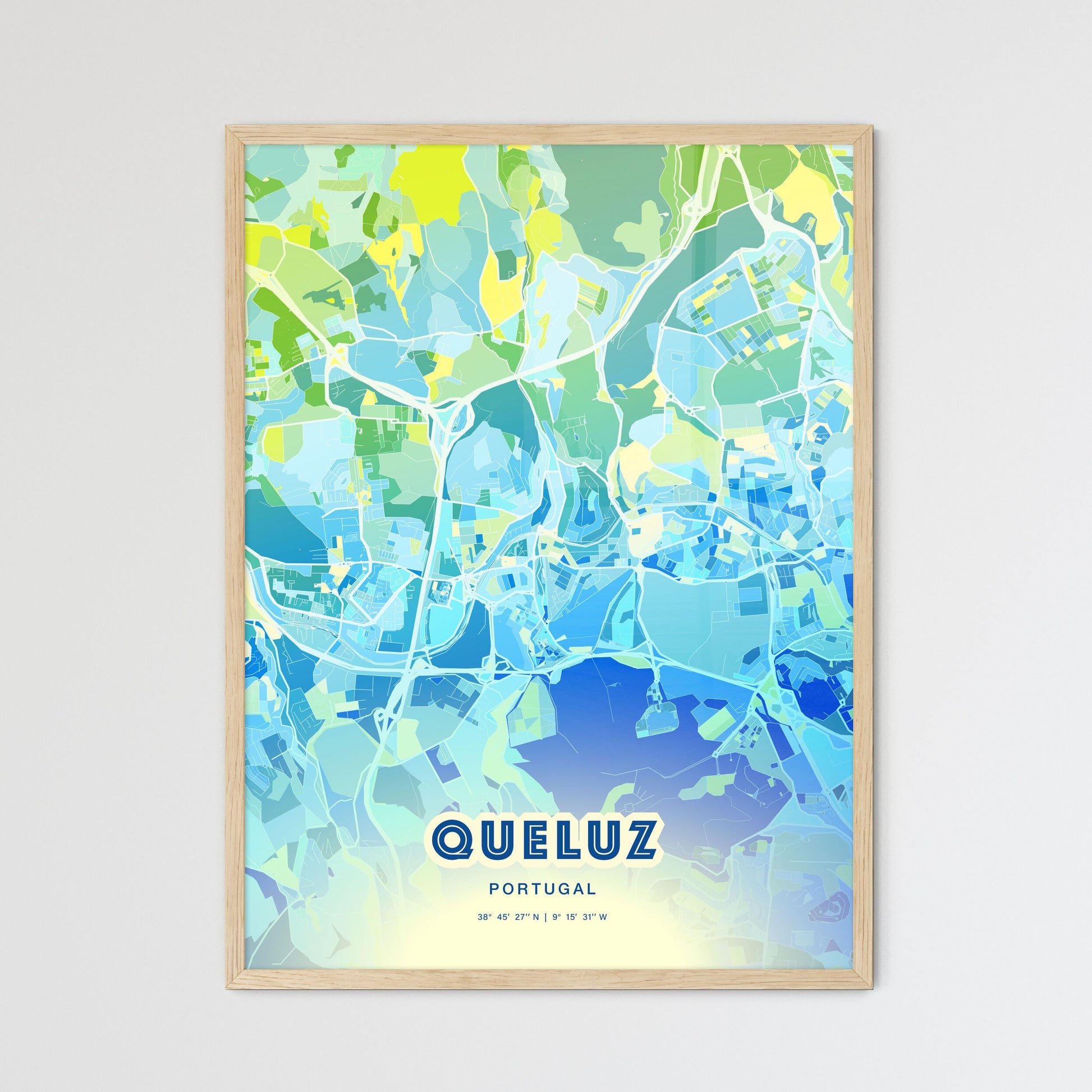 Colorful QUELUZ PORTUGAL Fine Art Map Cool Blue