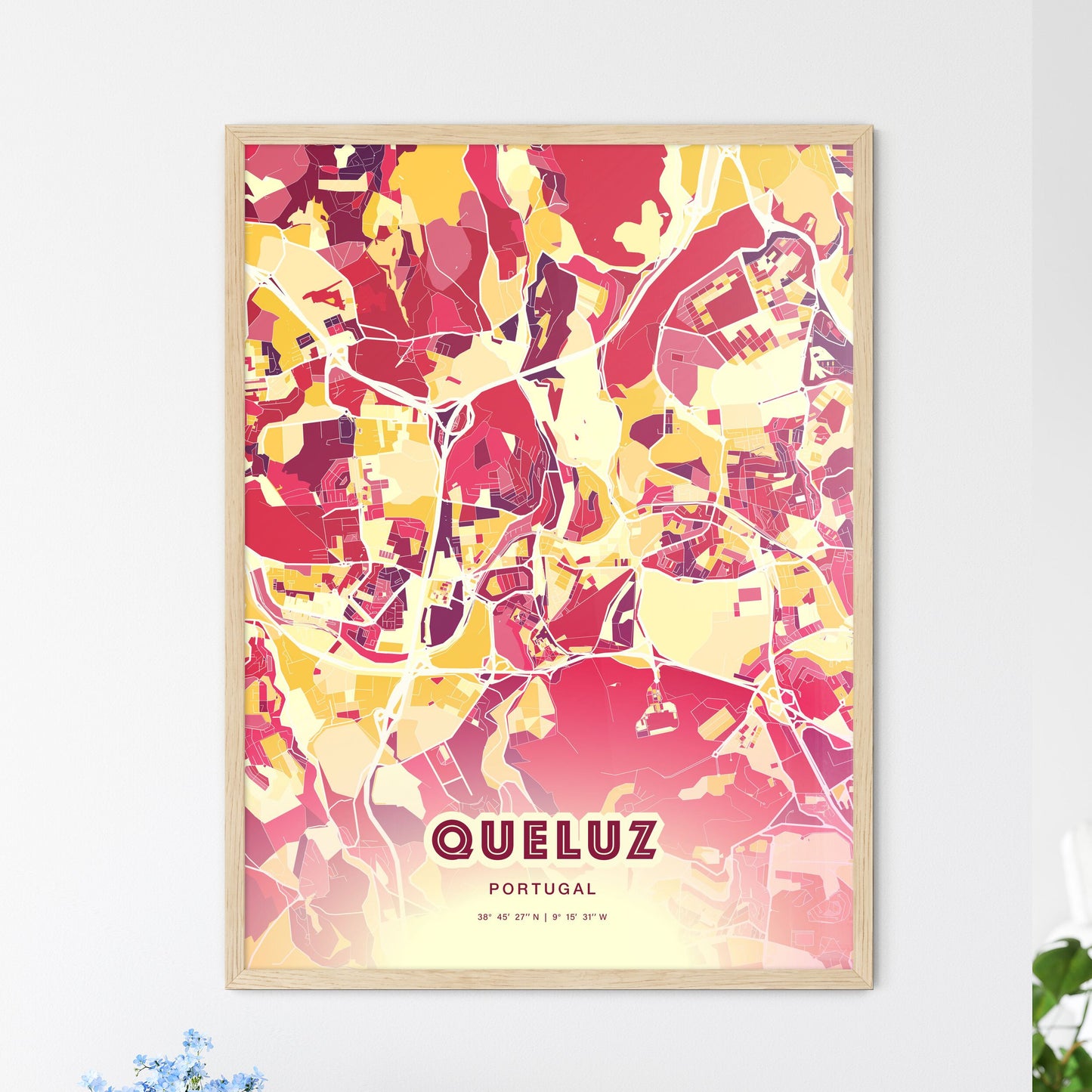 Colorful QUELUZ PORTUGAL Fine Art Map Hot Red