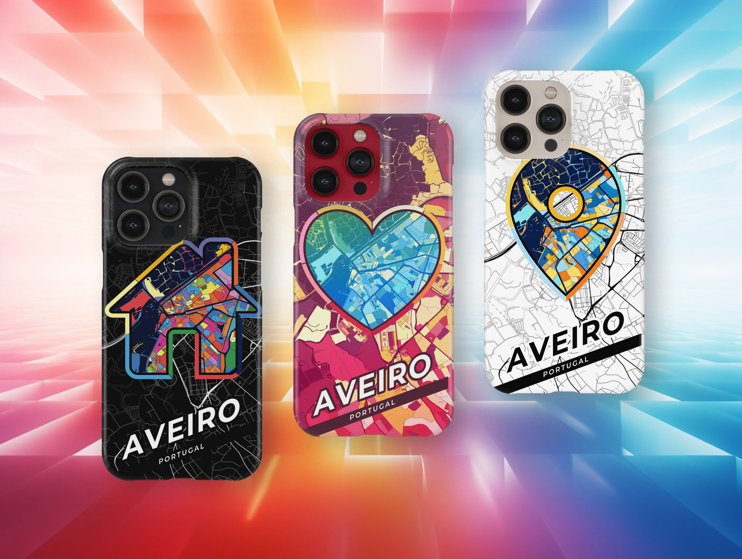Aveiro Portugal slim phone case with colorful icon. Birthday, wedding or housewarming gift. Couple match cases.
