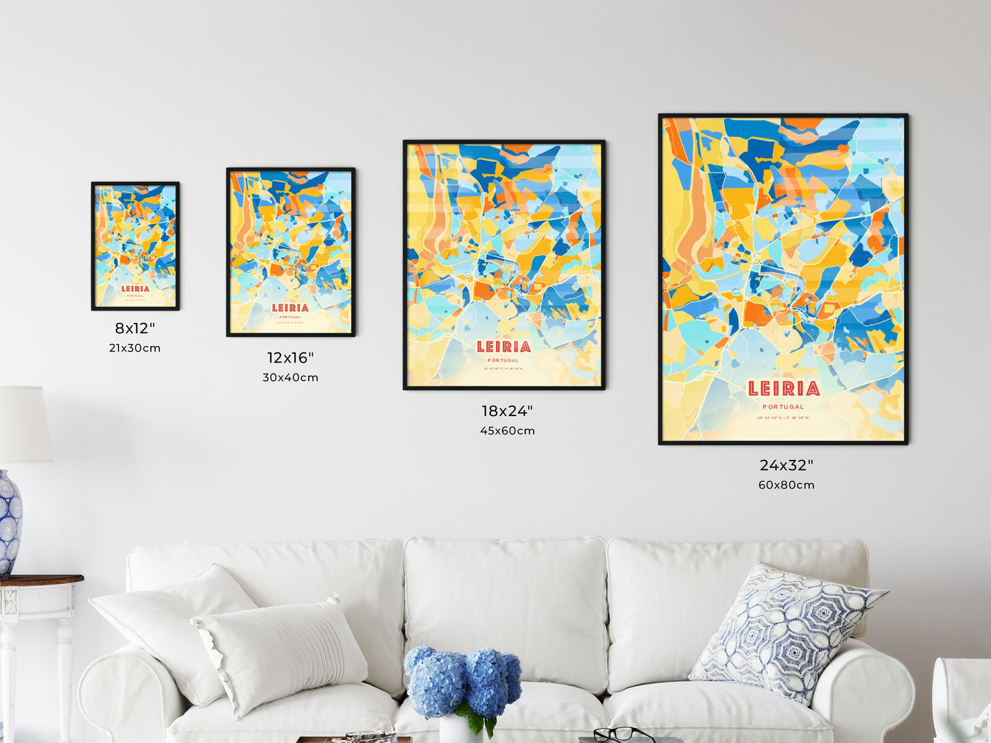 Colorful LEIRIA PORTUGAL Fine Art Map Blue Orange