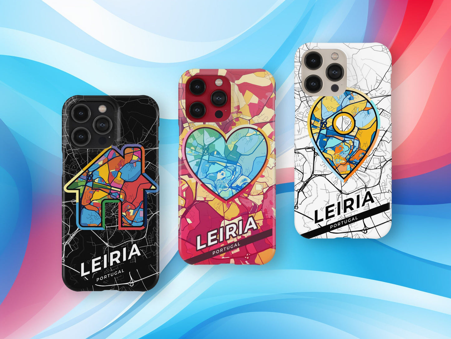 Leiria Portugal slim phone case with colorful icon. Birthday, wedding or housewarming gift. Couple match cases.